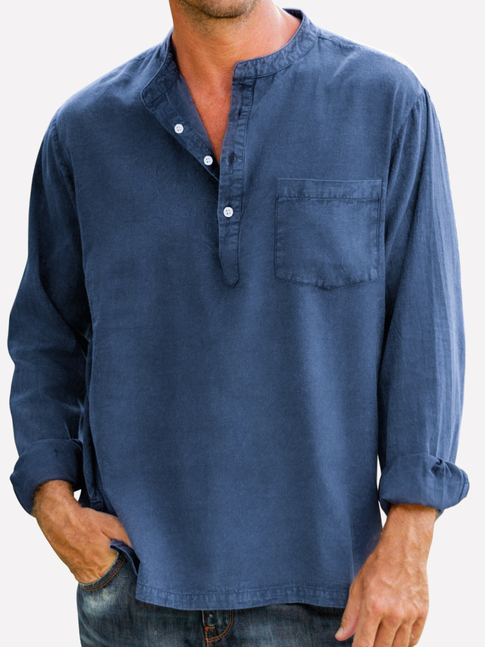 Mens Vintage Cotton Distressed Henley Button-Down Long Sleeve Resort Casual Henley Shirt with Chest Pocket