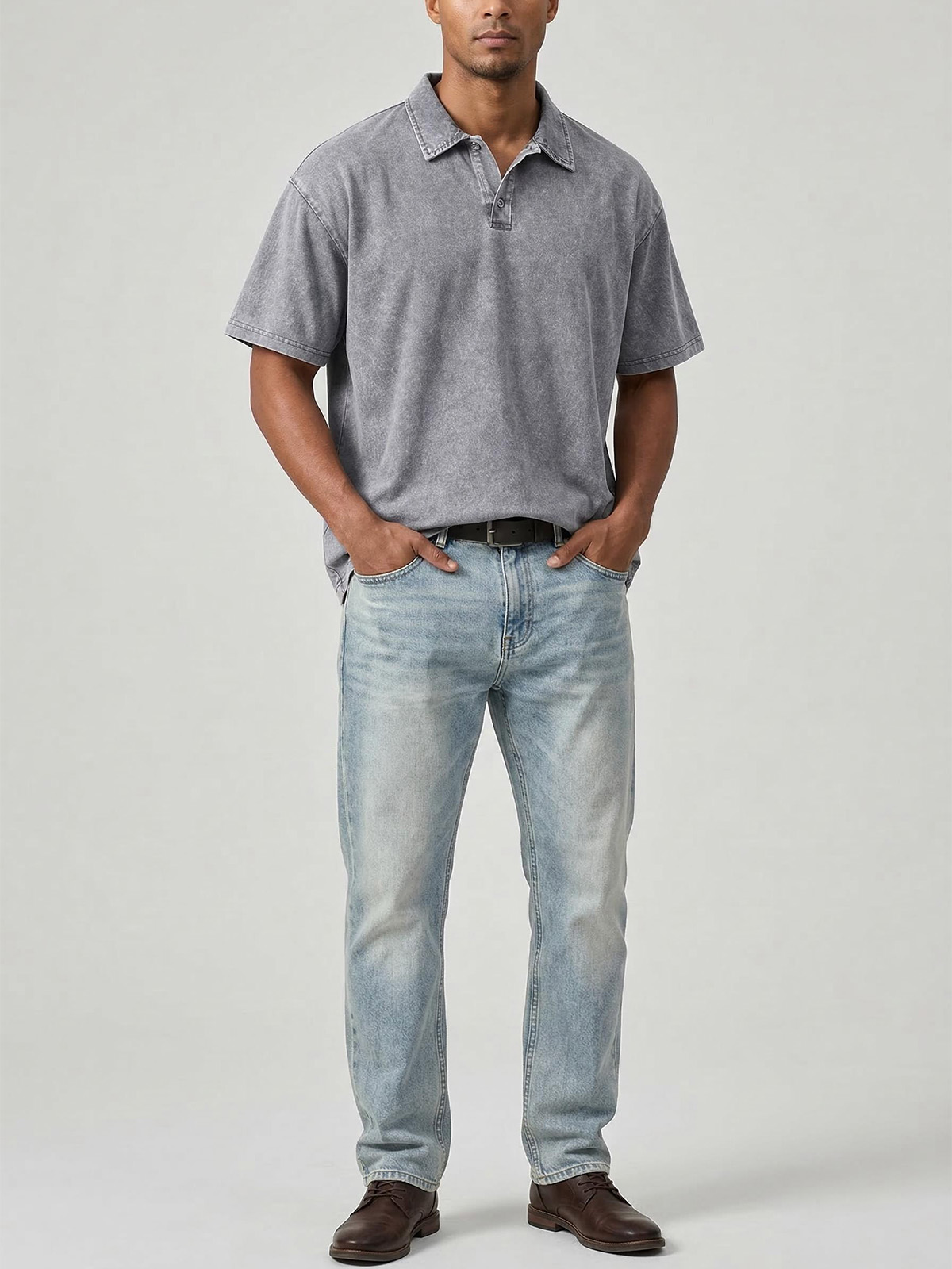 Retro Casual Washed Cotton Solid Color Two-button Lapel Short-sleeved Polo Shirt