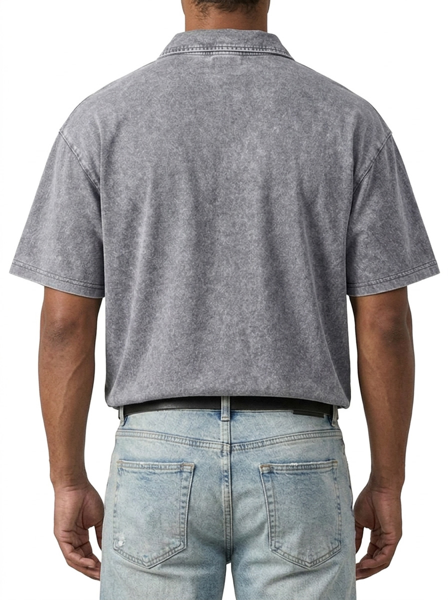 Retro Casual Washed Cotton Solid Color Two-button Lapel Short-sleeved Polo Shirt