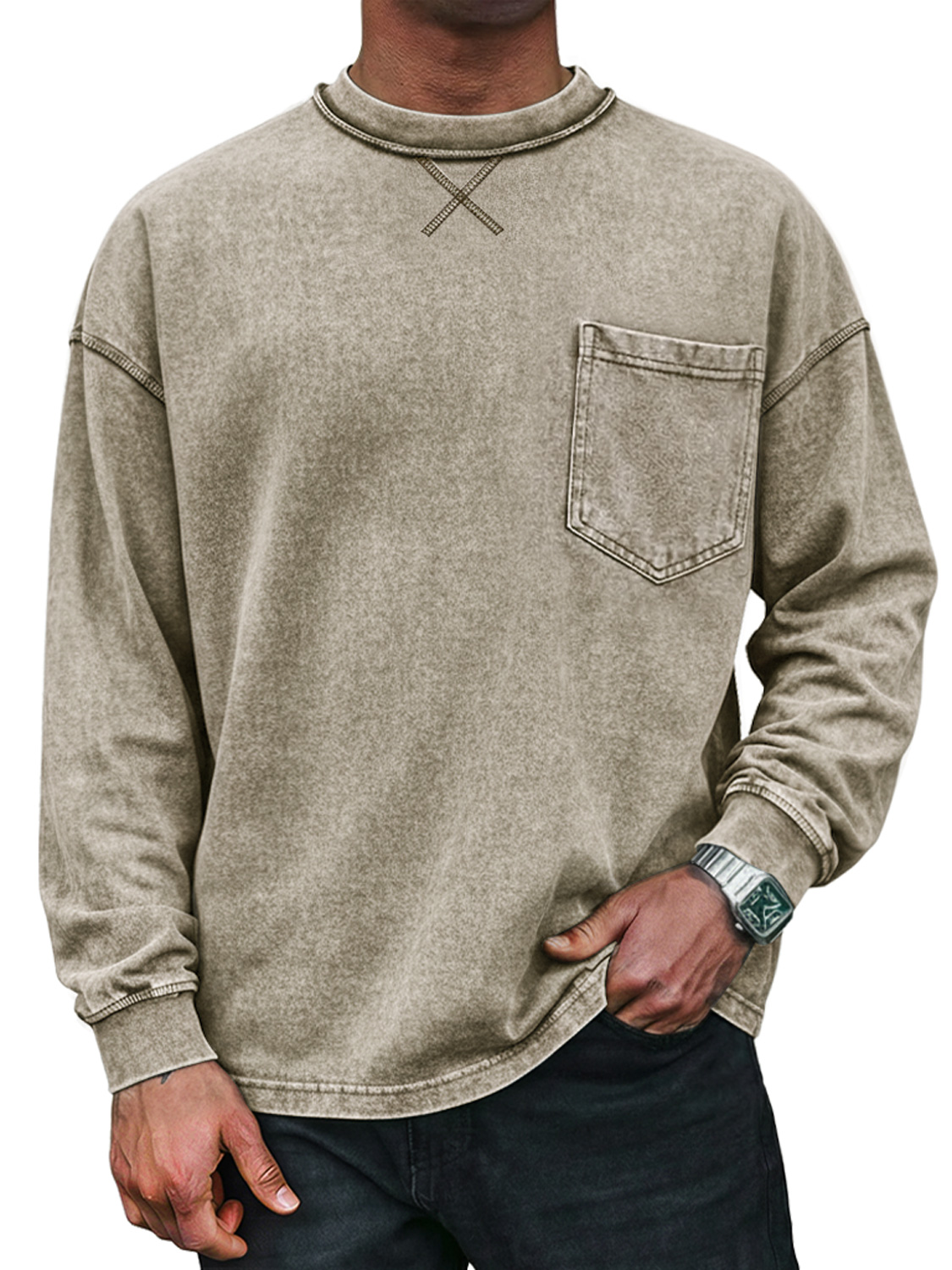 Men's Vintage Round Neck Cross-design Casual Long-sleeved T-shirt With Pockets