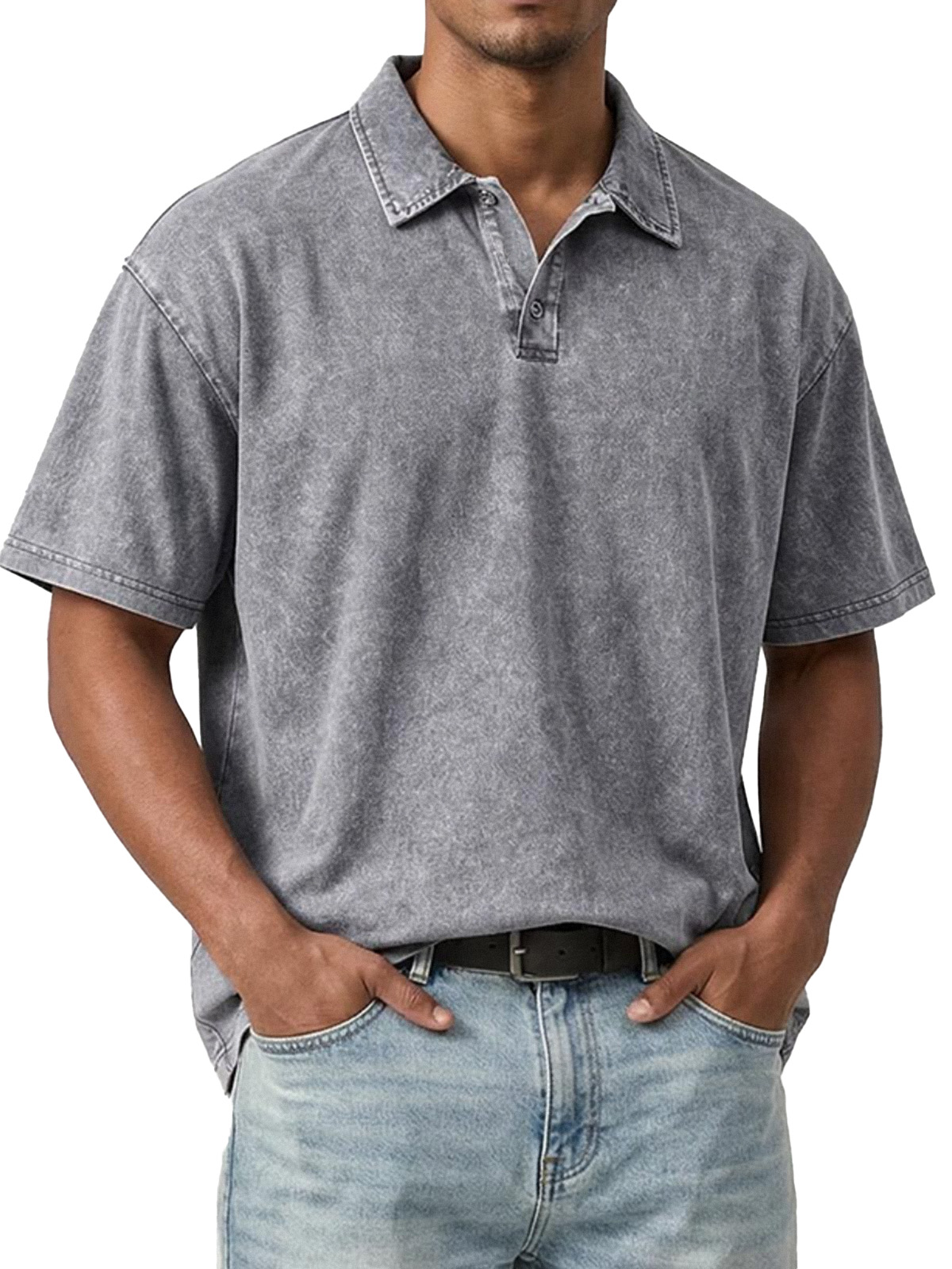 Retro Casual Washed Cotton Solid Color Two-button Lapel Short-sleeved Polo Shirt