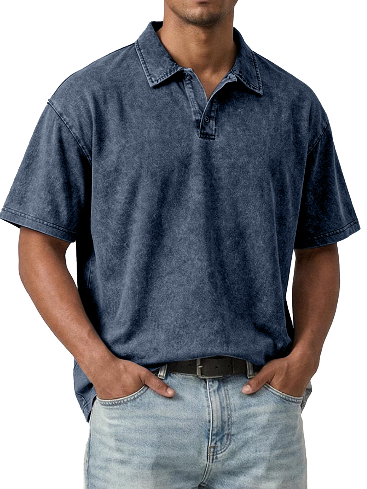 Retro Casual Washed Cotton Solid Color Two-button Lapel Short-sleeved Polo Shirt