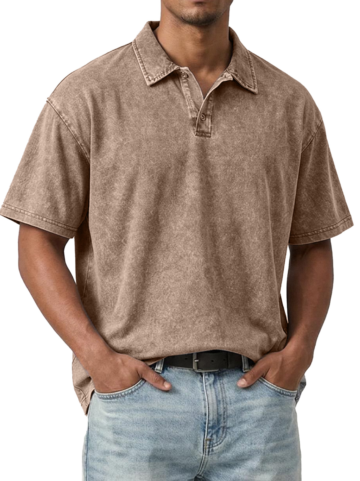 Retro Casual Washed Cotton Solid Color Two-button Lapel Short-sleeved Polo Shirt