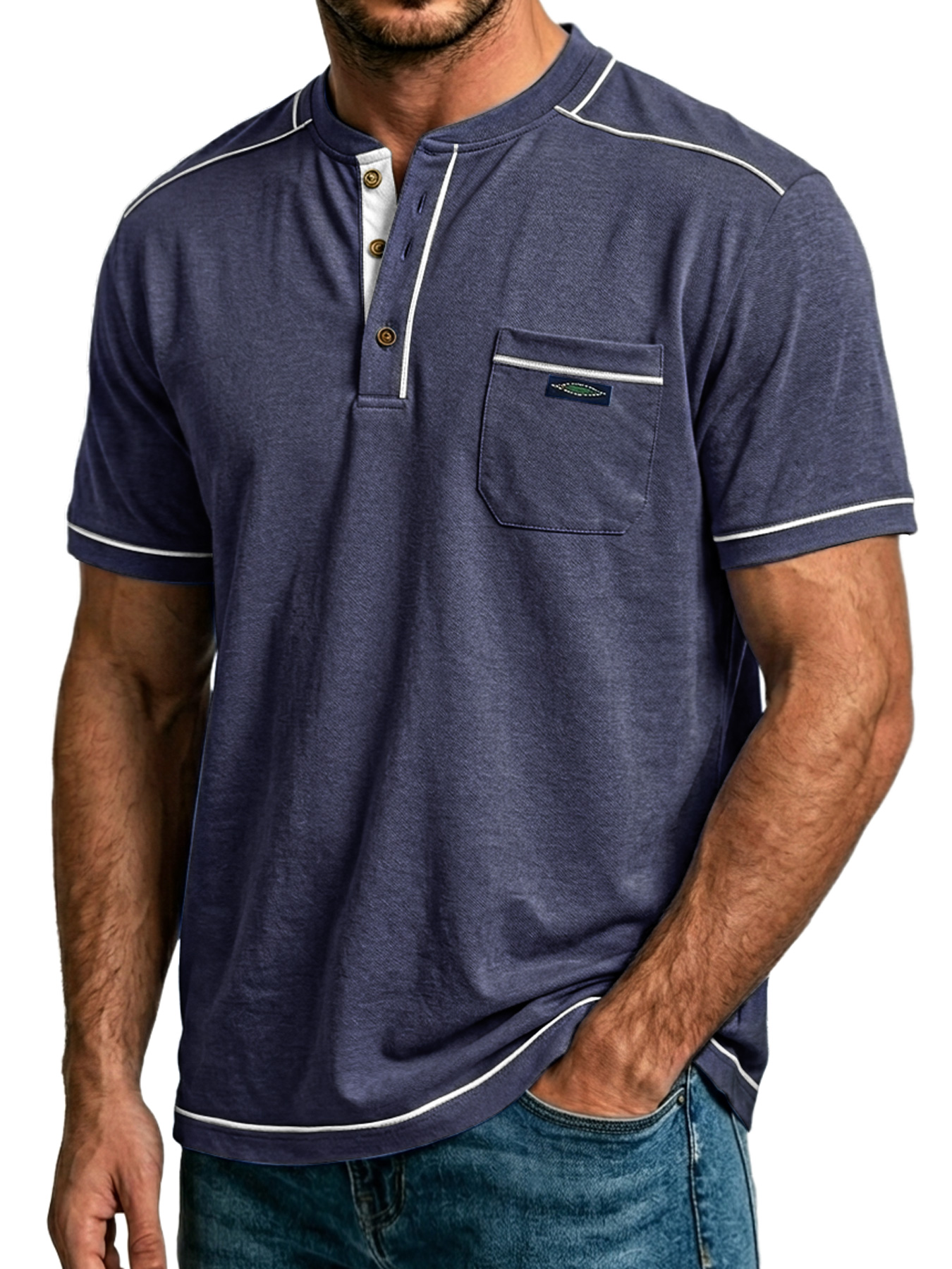 Men's Everyday Pocket Embroidered Label Casual Short-sleeved Henley Shirt