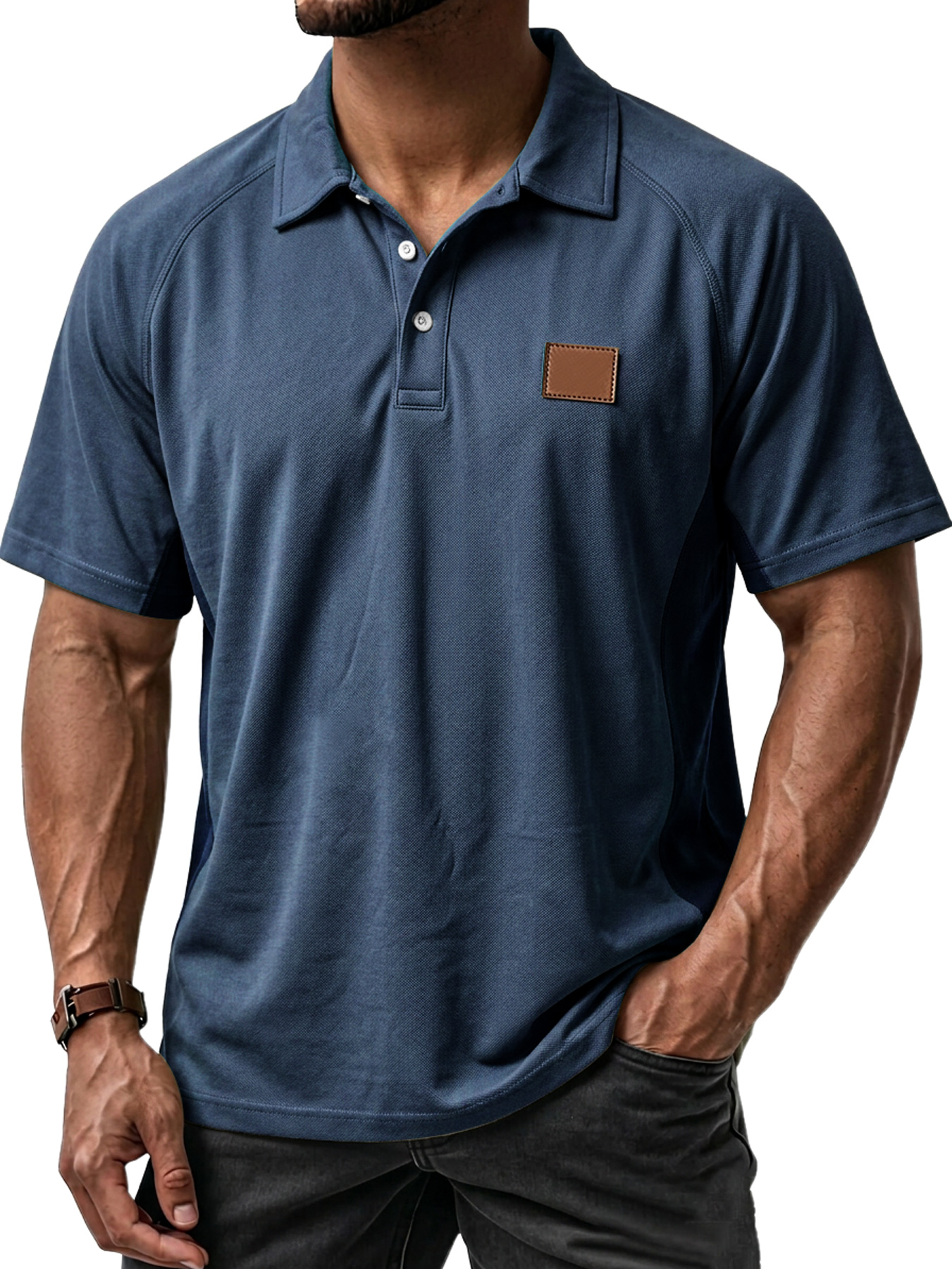 Men's Casual Raglan Color Block Embroidered Label Short-Sleeve Polo Shirt