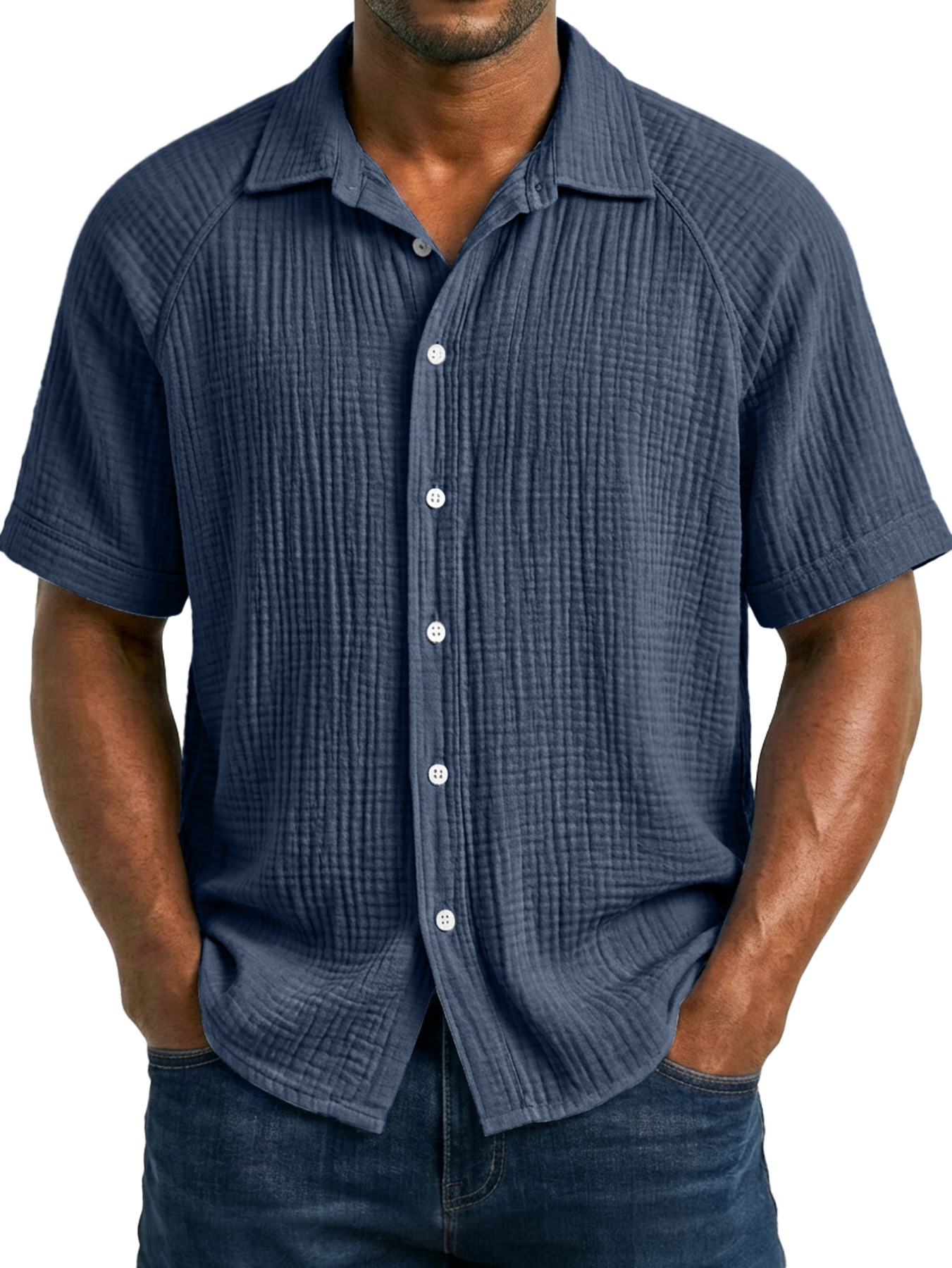 Men's Casual Raglan Solid Color Comfortable Short-Sleeve Shirt