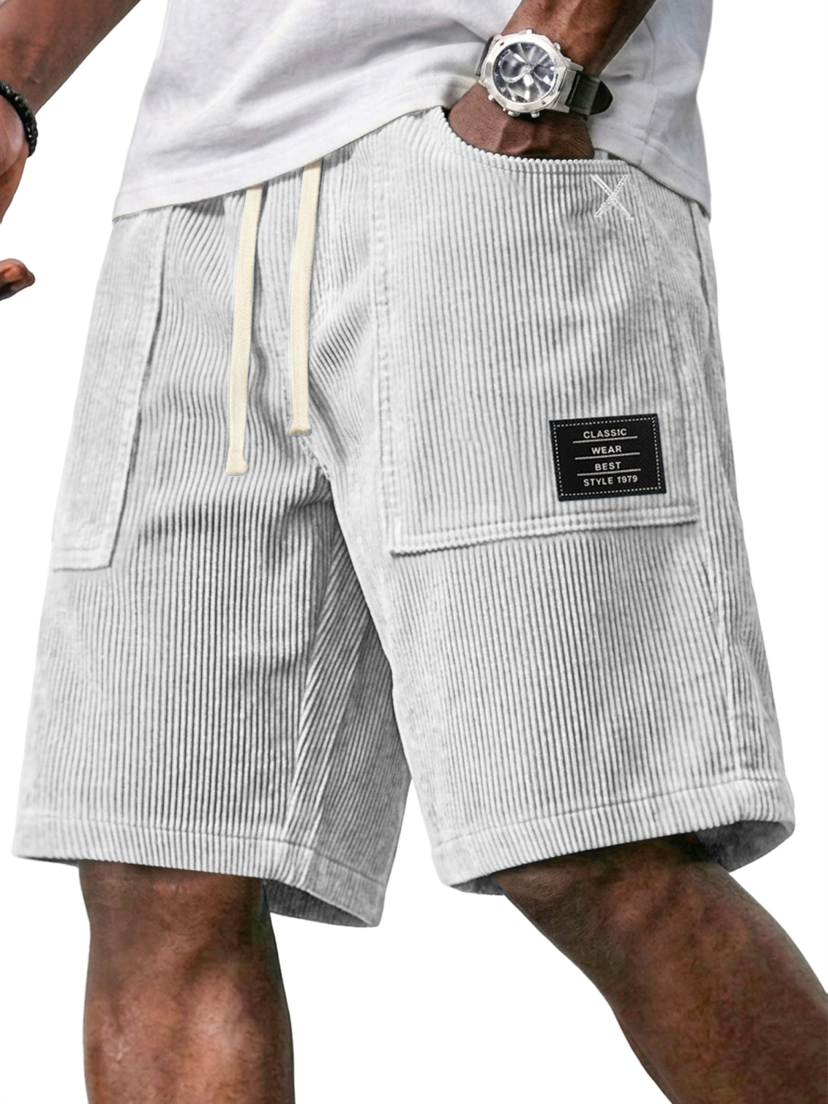 Men's Retro Corduroy Patch Pocket Embroidered Logo Elastic Waist Casual Shorts