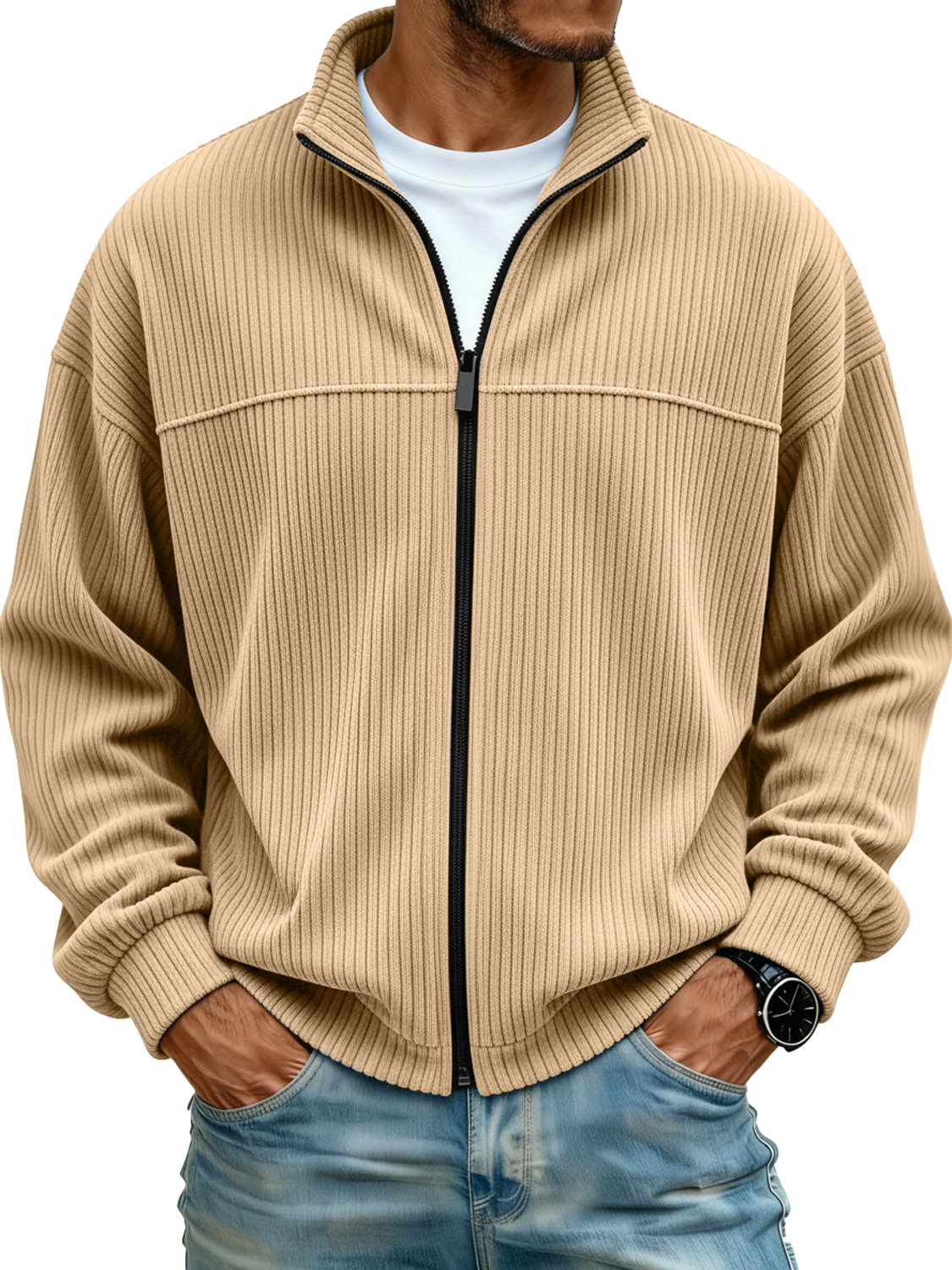 Men's Simple Stand Collar Ribbed Casual Loose-fitting Jacket