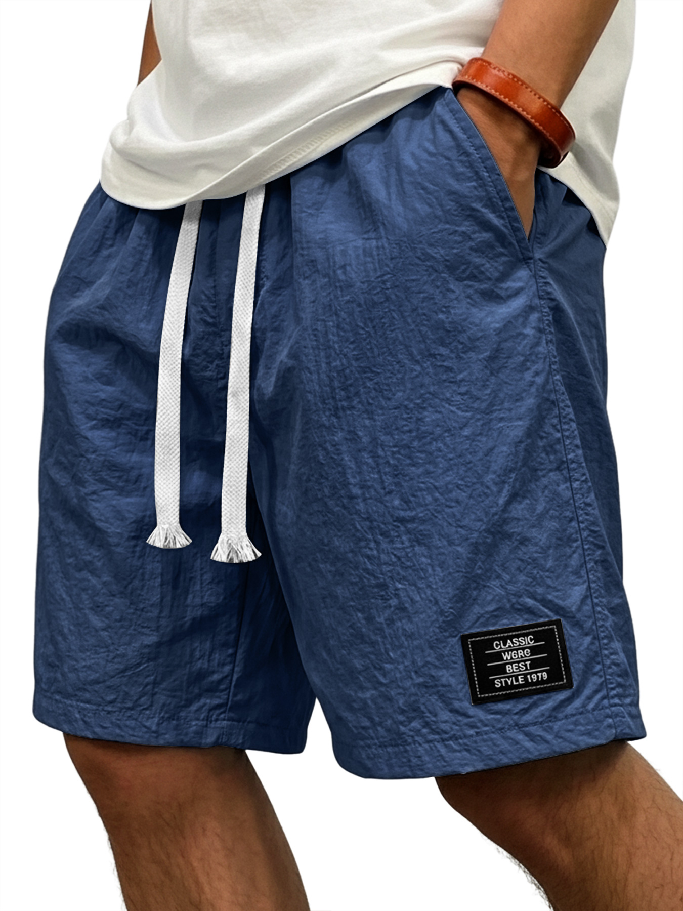 Men's Casual Ice Silk Embroidered Logo Elastic Waist Loose Shorts