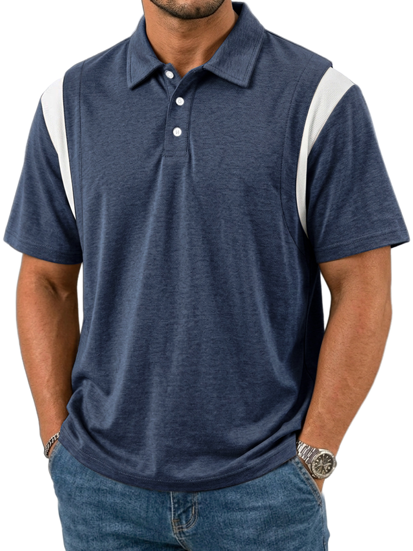 Men's Patchwork Design Collared Button Casual Short-sleeved Polo Shirt