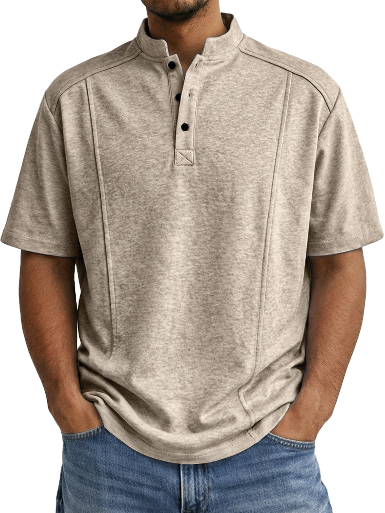 Men's Deconstructed Stand-Collar Button-Front Short-Sleeve Henley