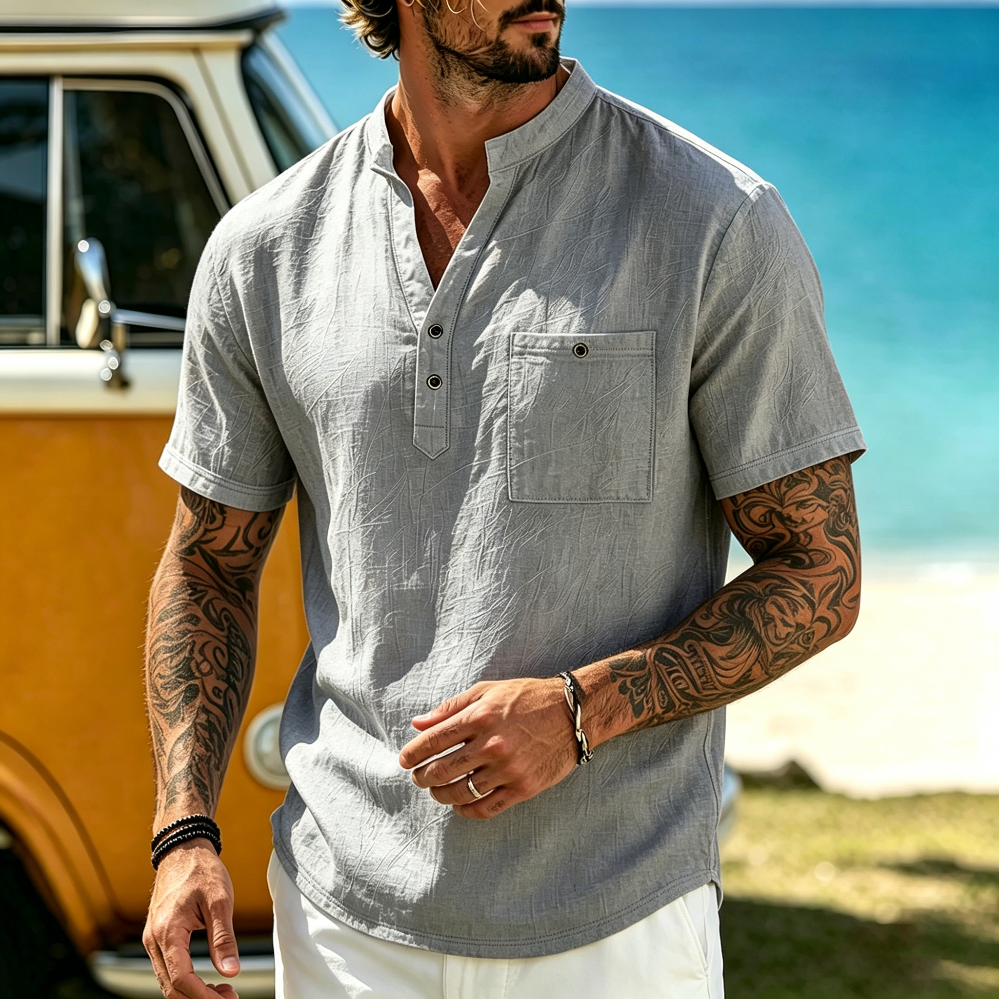 Men's Vacation Linen V-Neck Short Sleeve Shirt