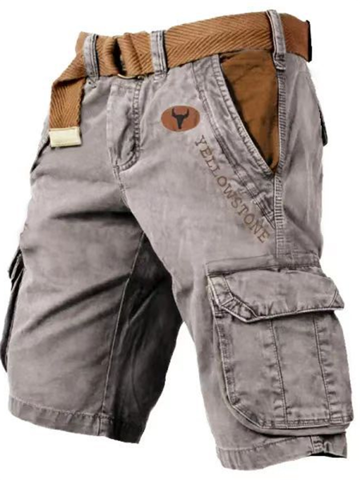 Men's outdoor casual work shorts, 100% cotton, multi-pocket, solid color hiking shorts.