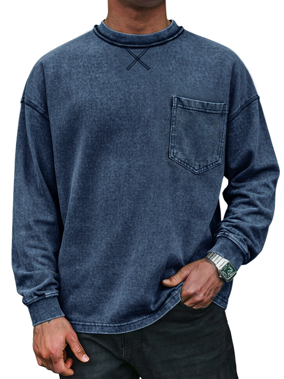 Men's Vintage Round Neck Cross-design Casual Long-sleeved T-shirt With Pockets