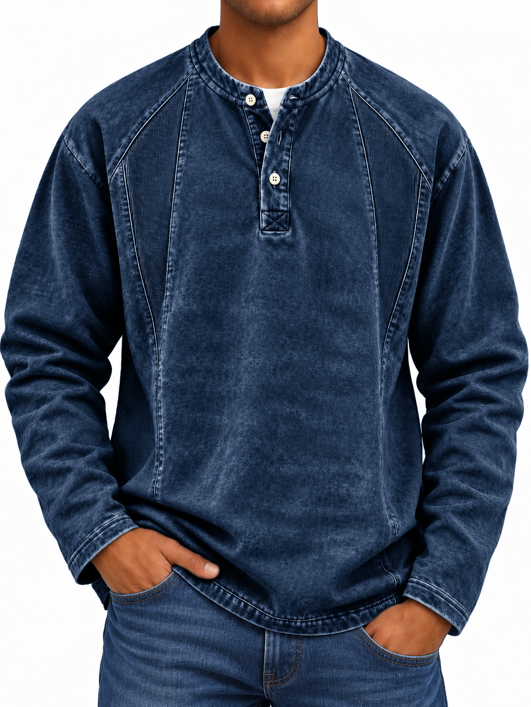 Men's Long-Sleeve Henley Shirt with Stand Collar