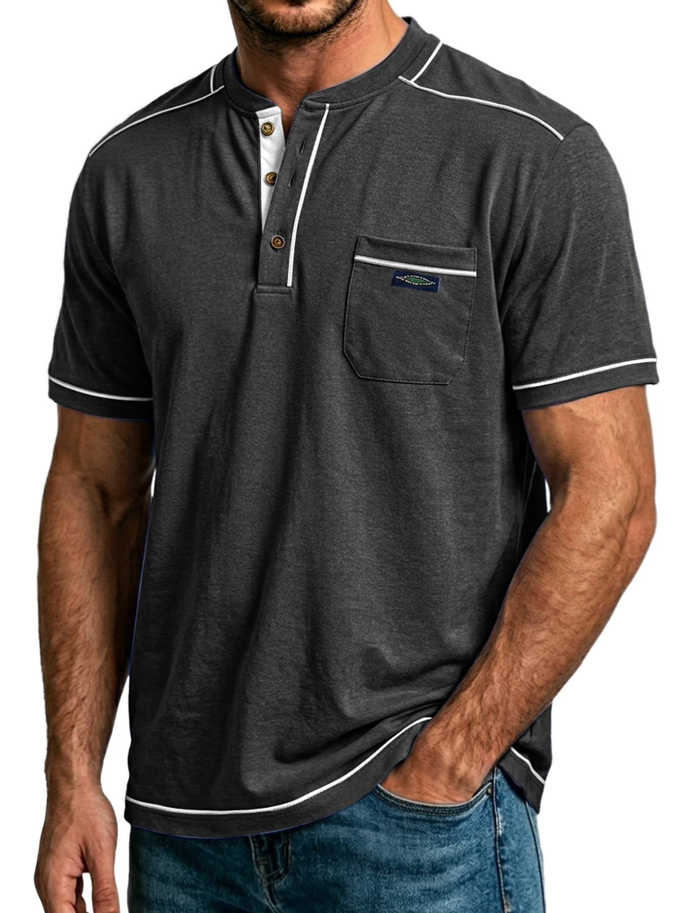 Men's Everyday Pocket Embroidered Label Casual Short-sleeved Henley Shirt
