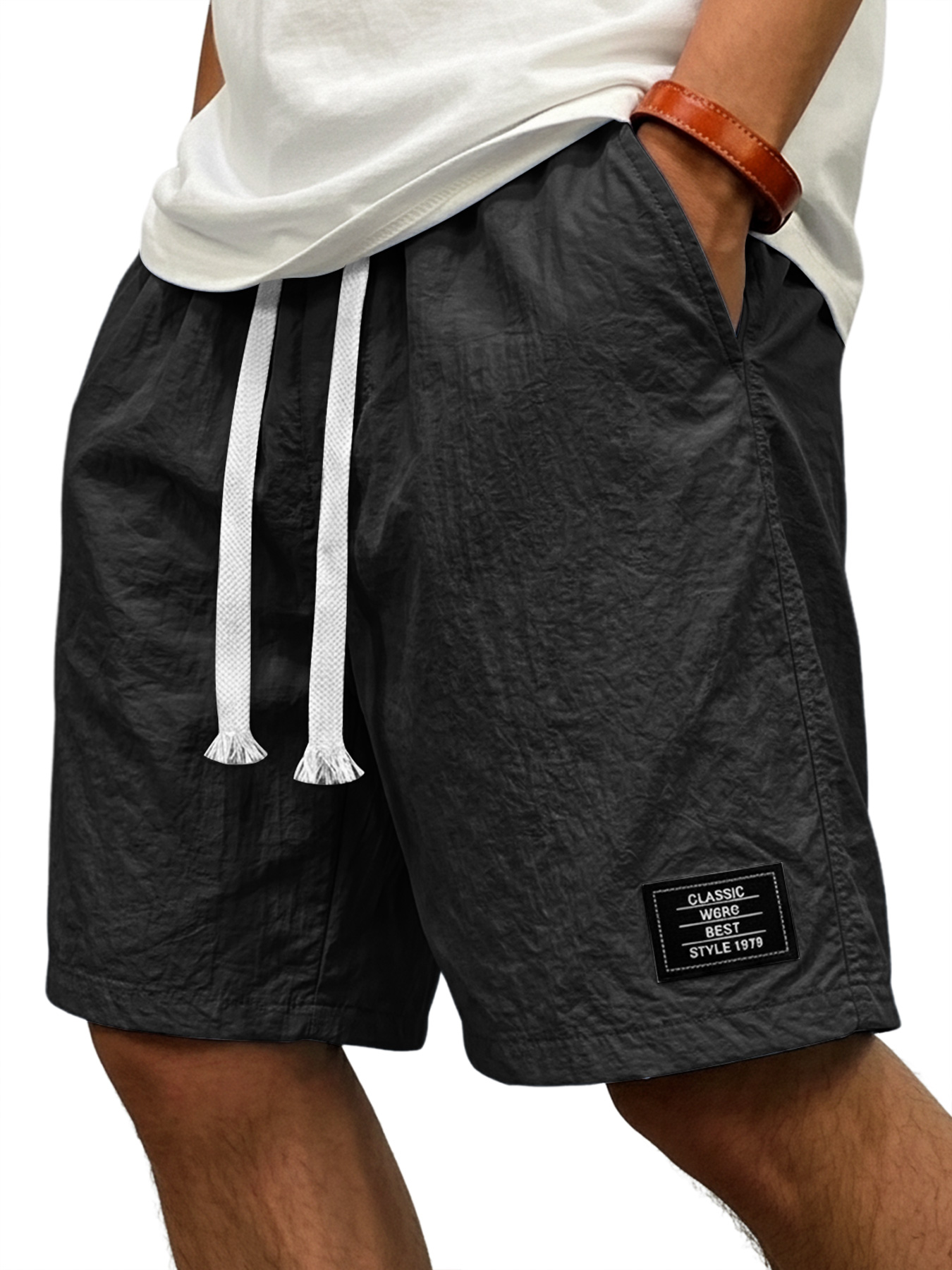 Men's Casual Ice Silk Embroidered Logo Elastic Waist Loose Shorts