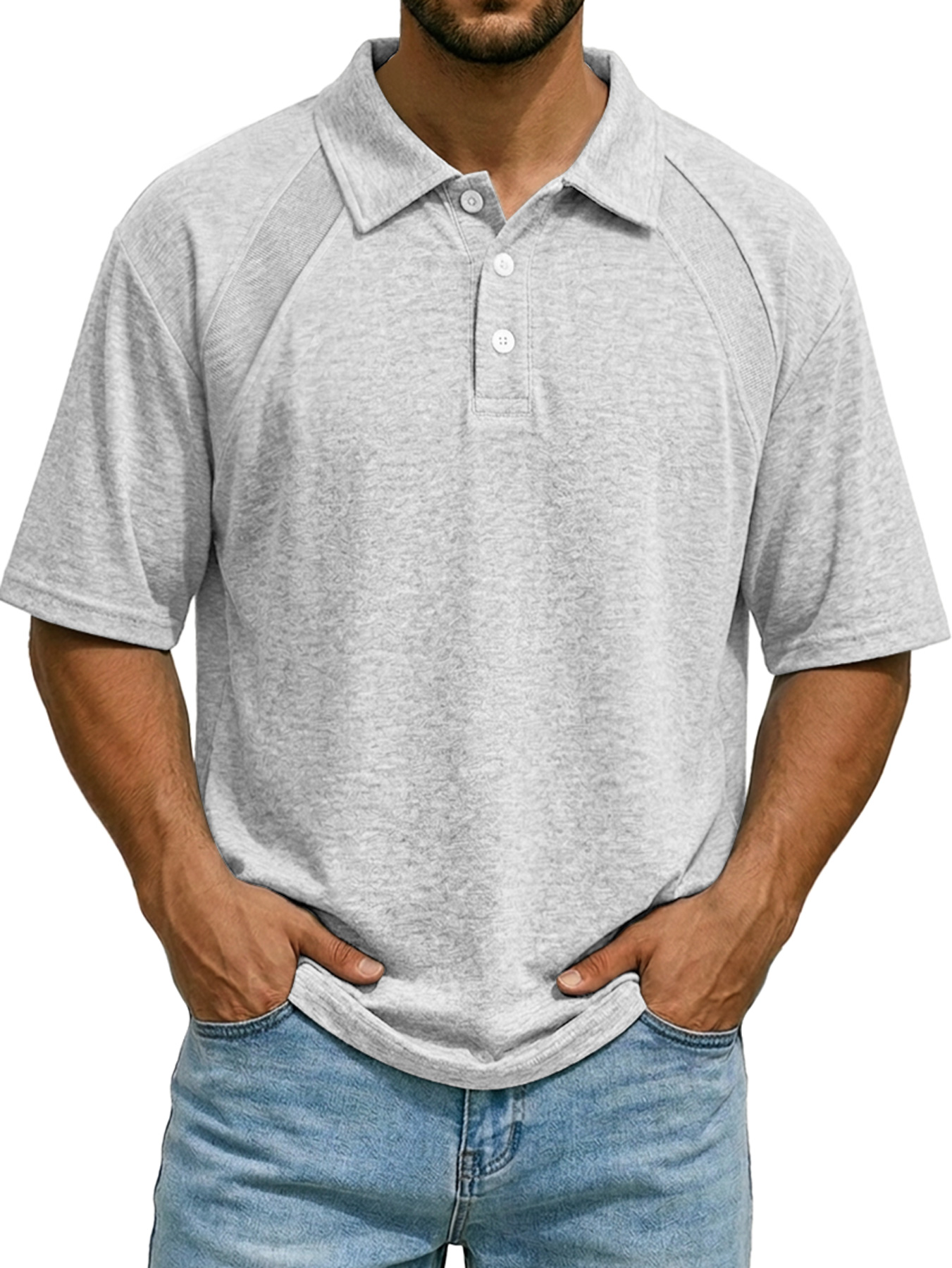 Men's Casual Raglan Polo Shirt with Turn-Down Collar and Button-Up Short Sleeve