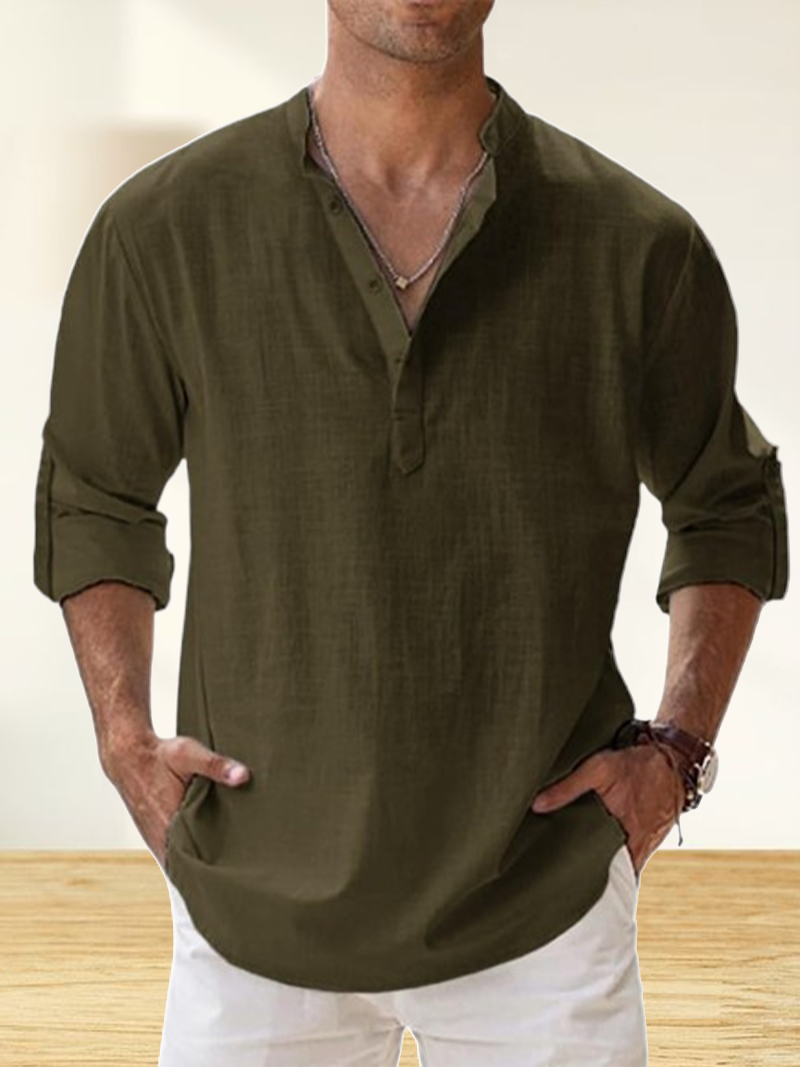 Men's Cotton And Linen Stand Collar Basic Casual Long-Sleeved Shirt