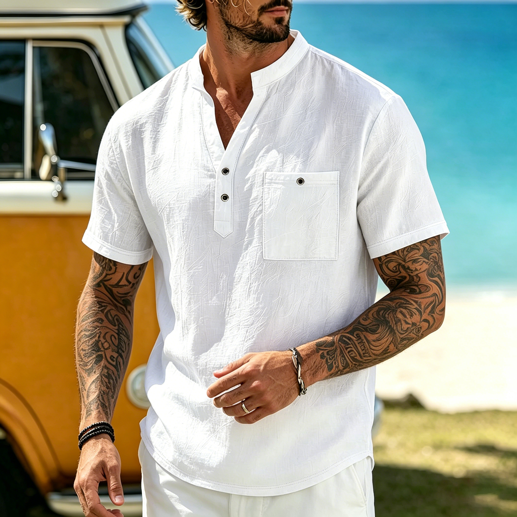 Men's Vacation Linen V-Neck Short Sleeve Shirt