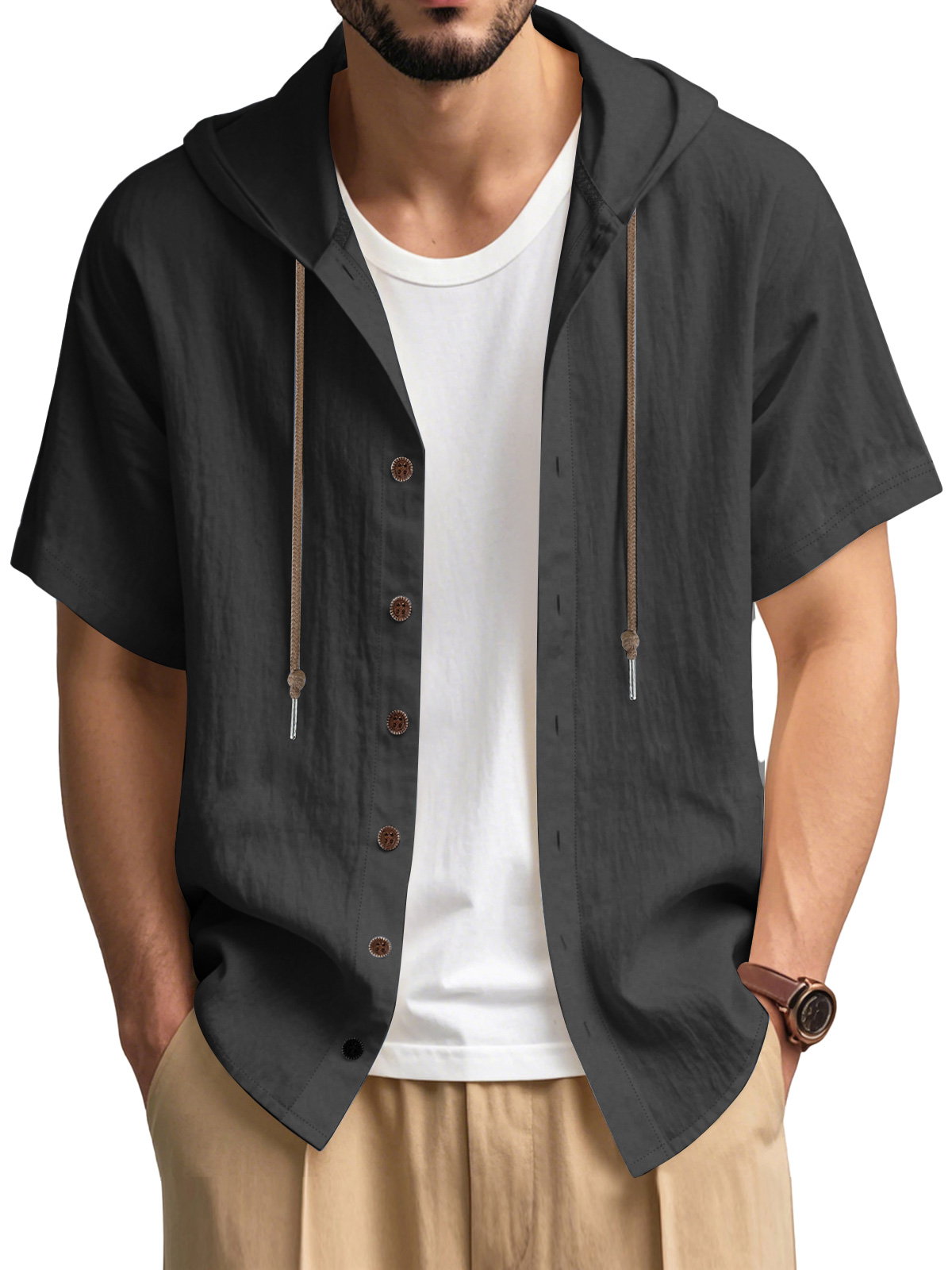 Men's Casual Cotton Hooded Button Short Sleeve Cardigan