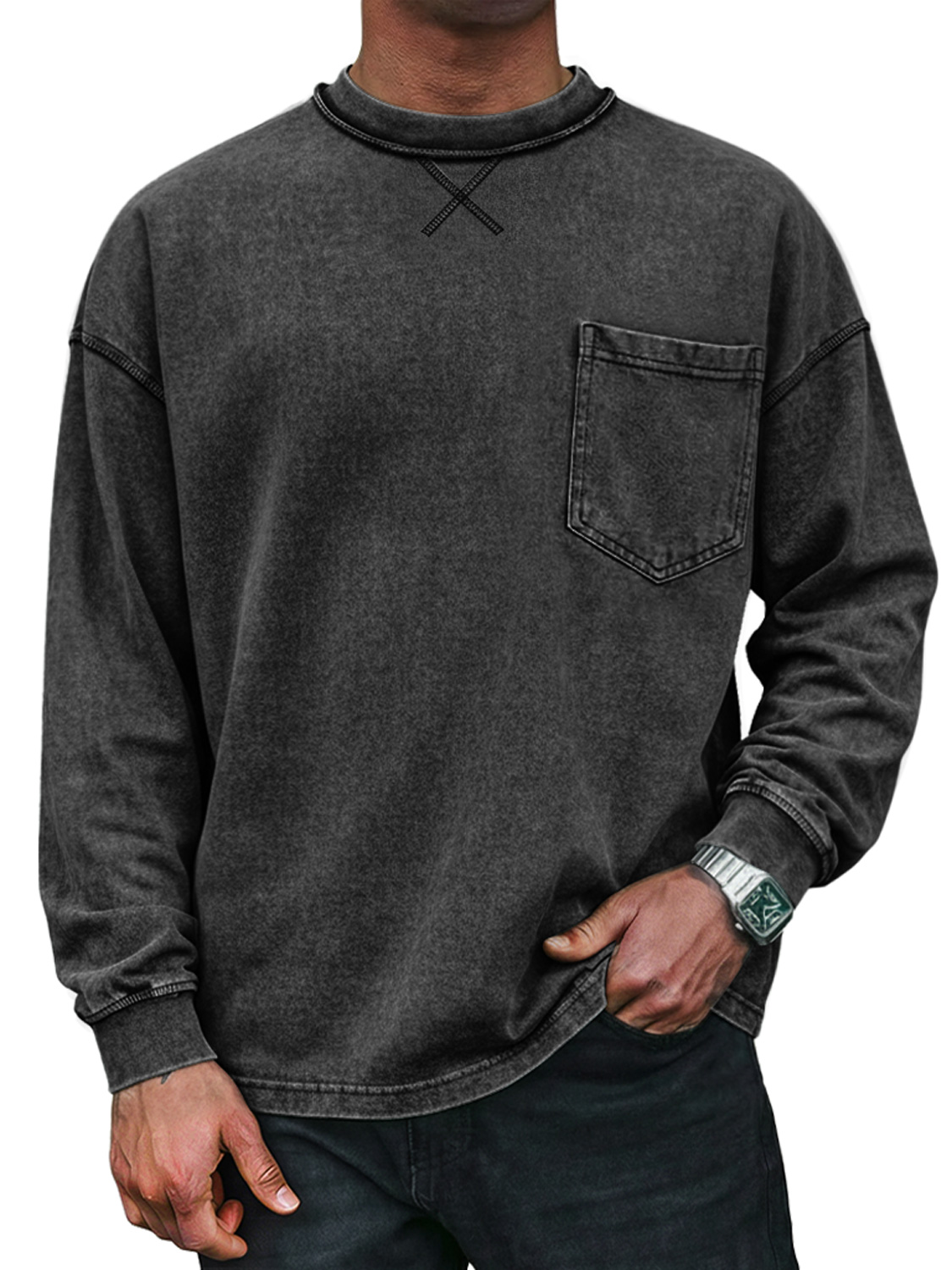 Men's Vintage Round Neck Cross-design Casual Long-sleeved T-shirt With Pockets