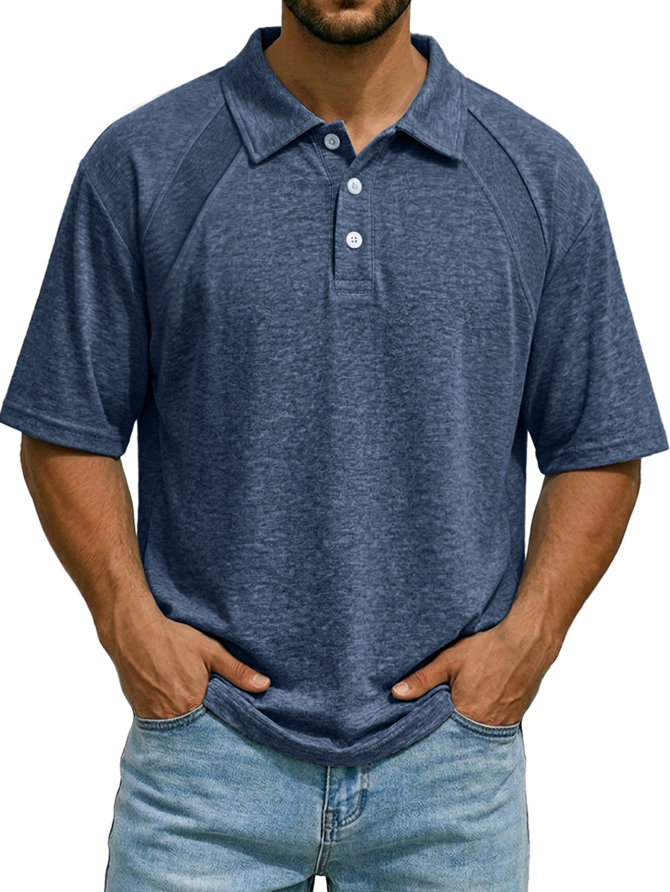 Men's Casual Raglan Polo Shirt with Turn-Down Collar and Button-Up Short Sleeve