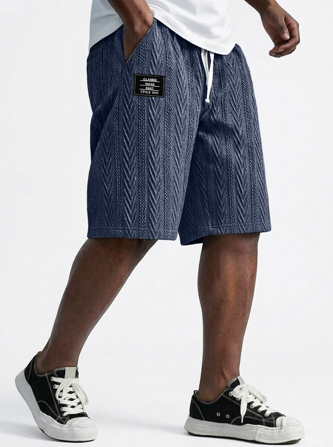 Men's Casual Textured Embroidered Logo Elastic Waist Solid Color Shorts