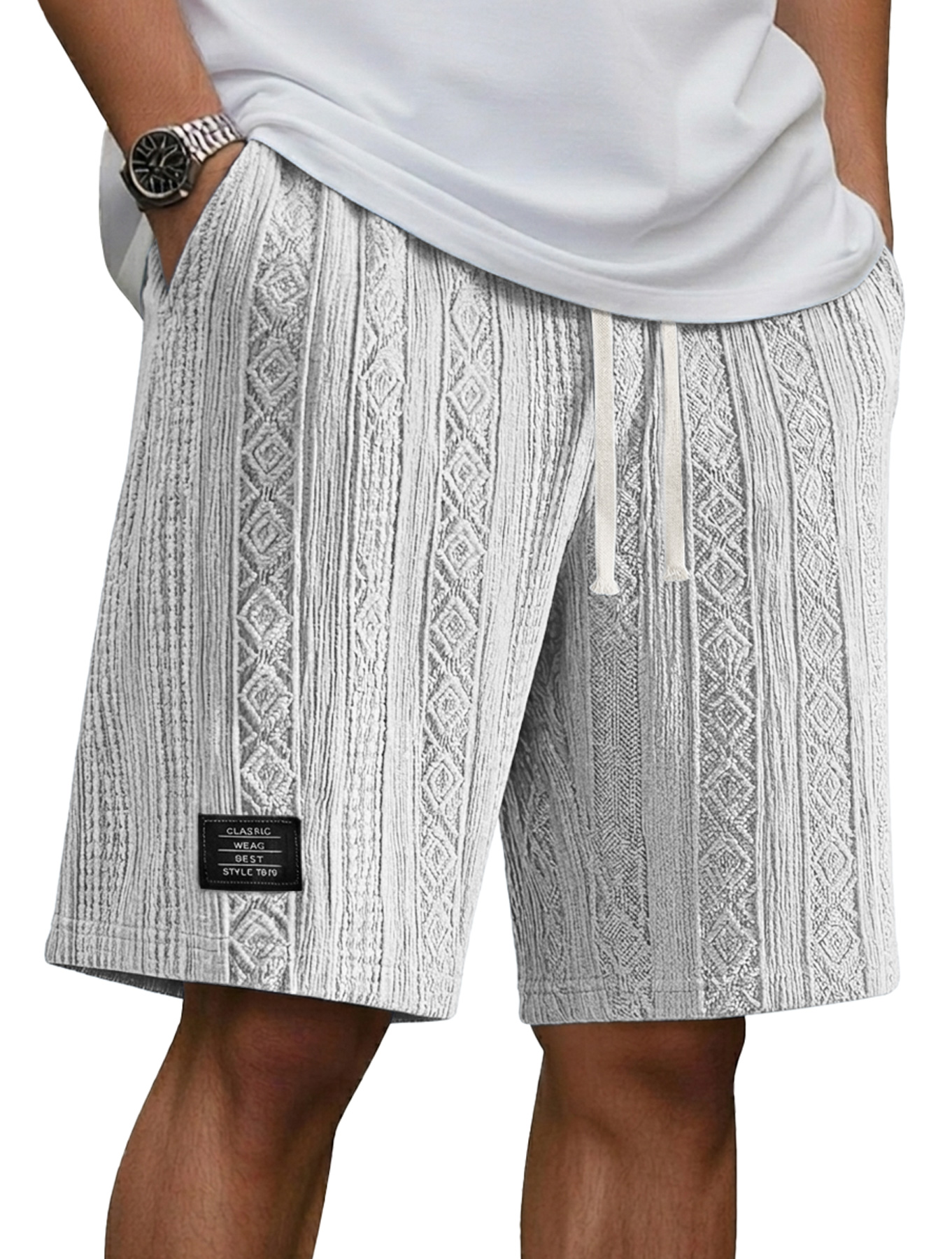 Men's Jacquard Casual Embroidered Logo Elastic Waist Solid Color Shorts