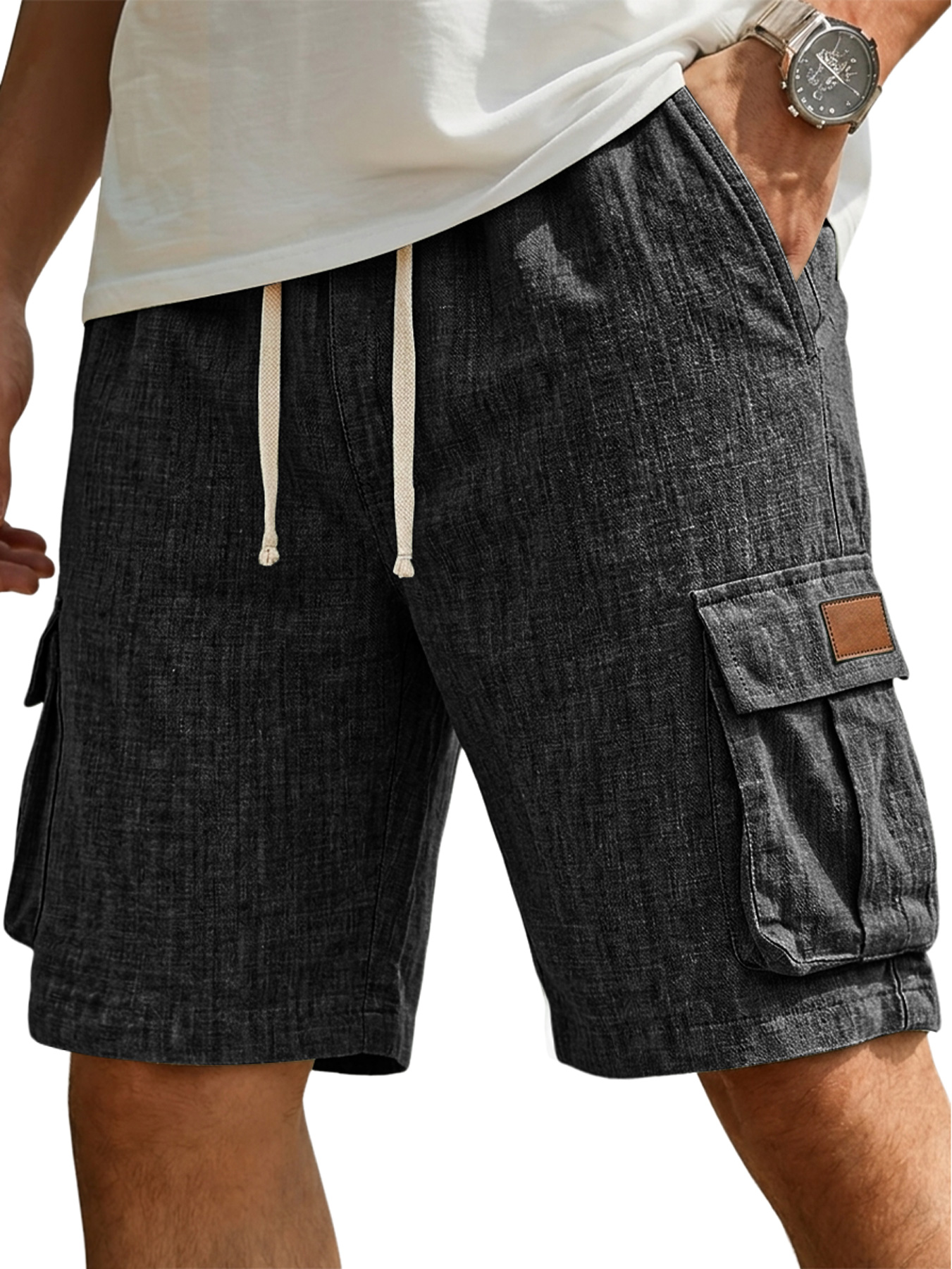 Men's Casual Linen Multi-Pocket Embroidered Logo Cargo Shorts