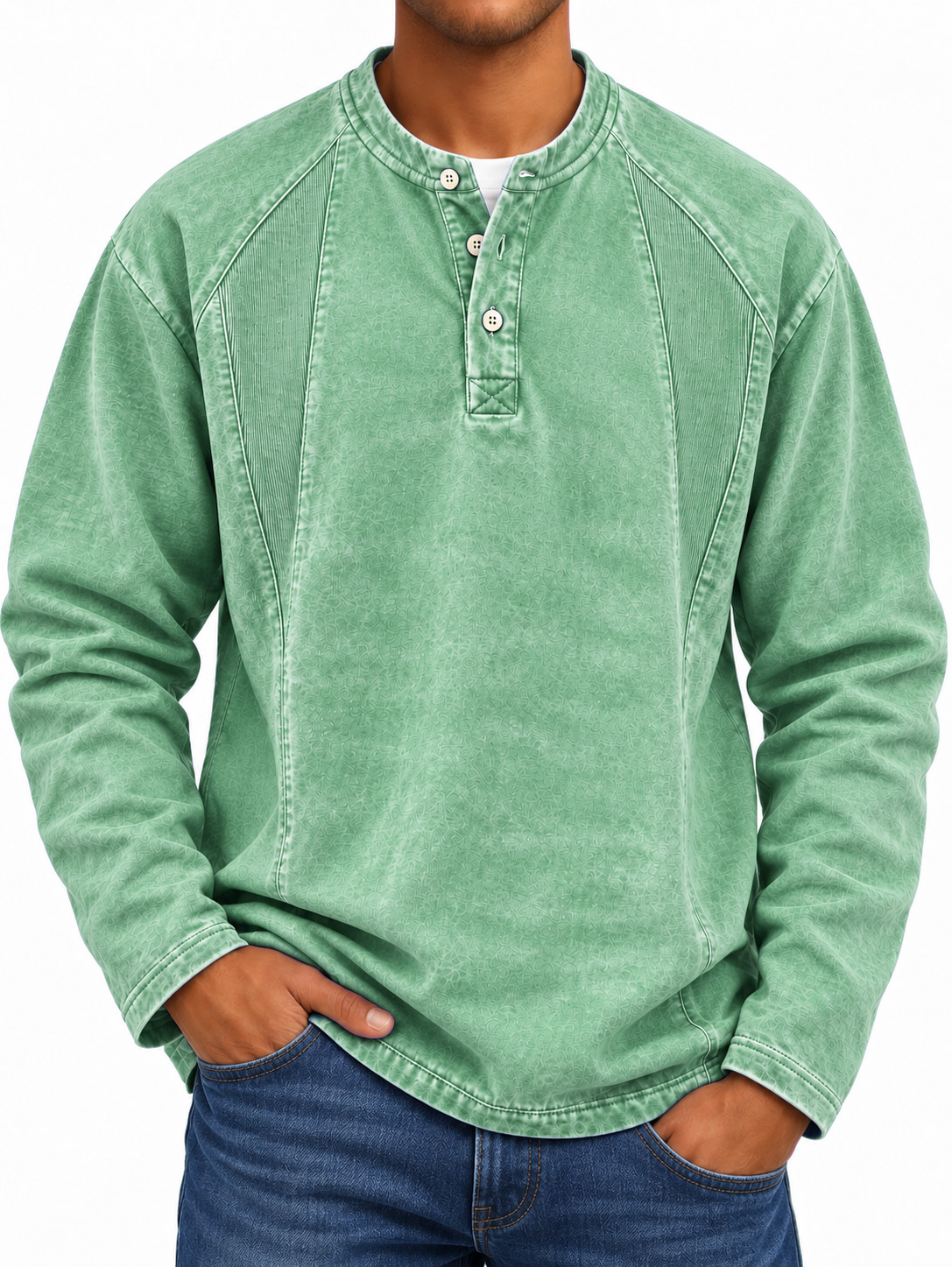 Men's Long-Sleeve Henley Shirt with Stand Collar