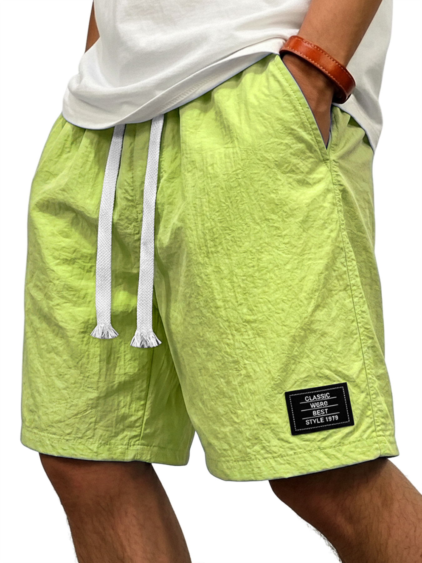 Men's Casual Ice Silk Embroidered Logo Elastic Waist Loose Shorts