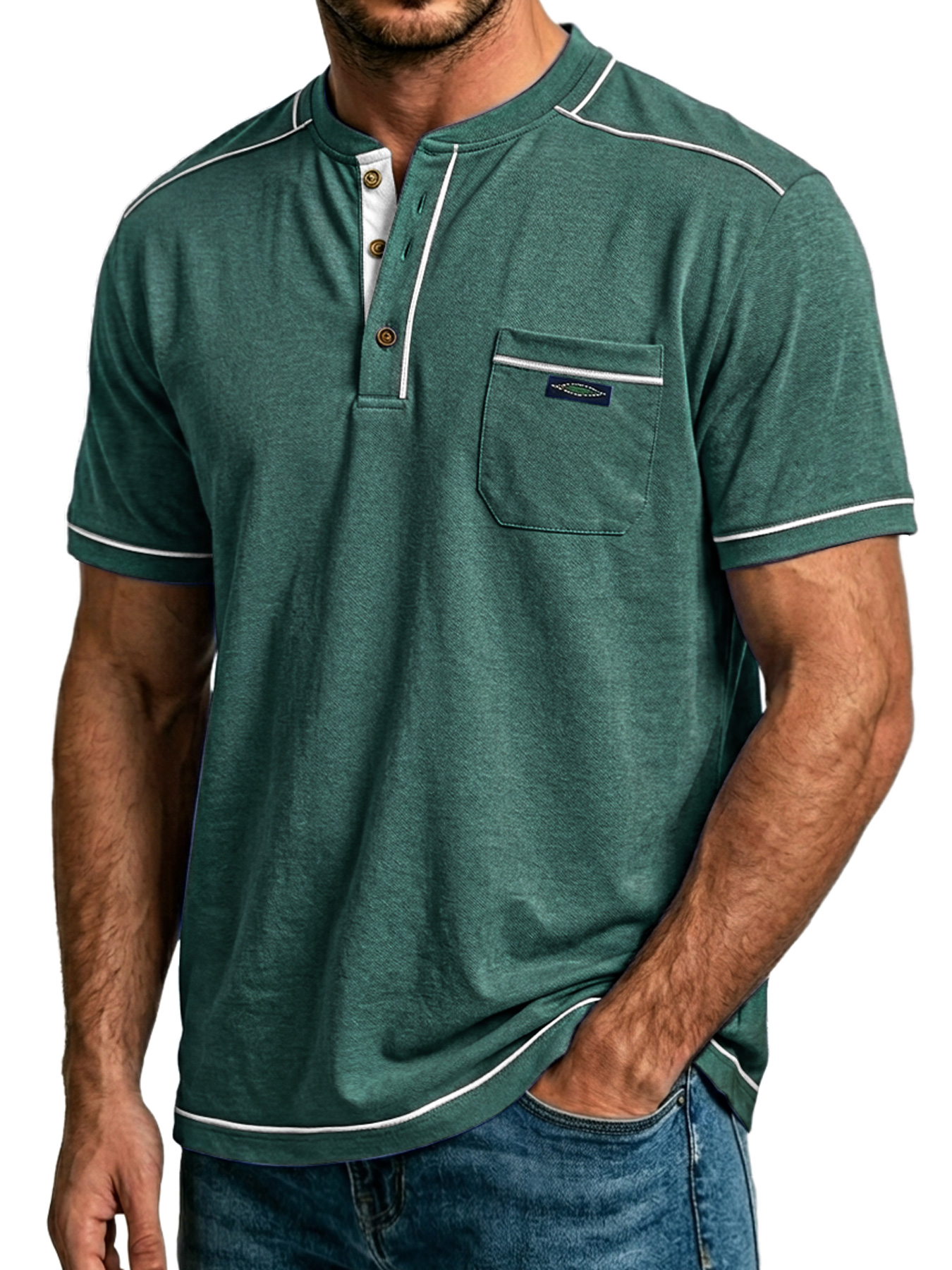 Men's Everyday Pocket Embroidered Label Casual Short-sleeved Henley Shirt