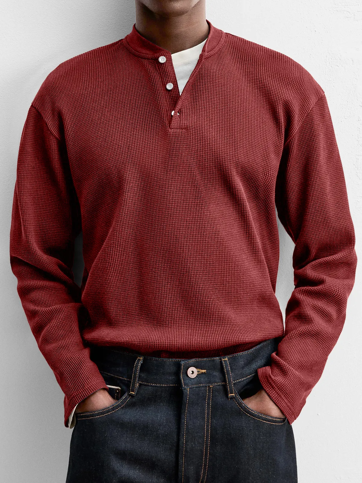 Men's Vintage Waffle Knit Henley Shirt – Soft Comfortable Everyday Pullover