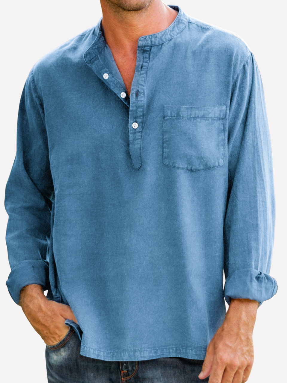 Mens Vintage Cotton Distressed Henley Button-Down Long Sleeve Resort Casual Henley Shirt with Chest Pocket