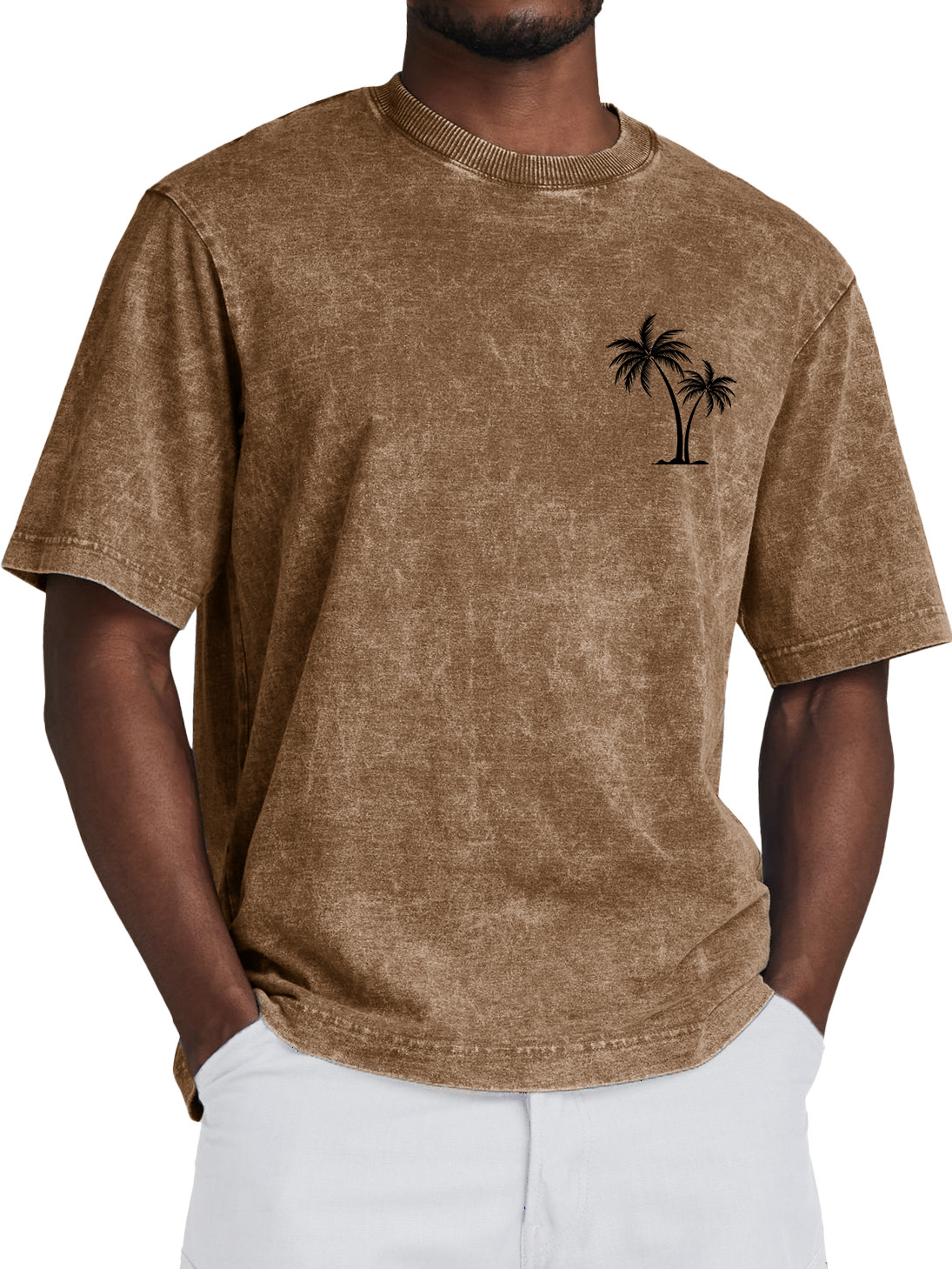 Men's 100% Cotton Retro Washed Coconut Tree Print Crew Neck Short Sleeve T-Shirt