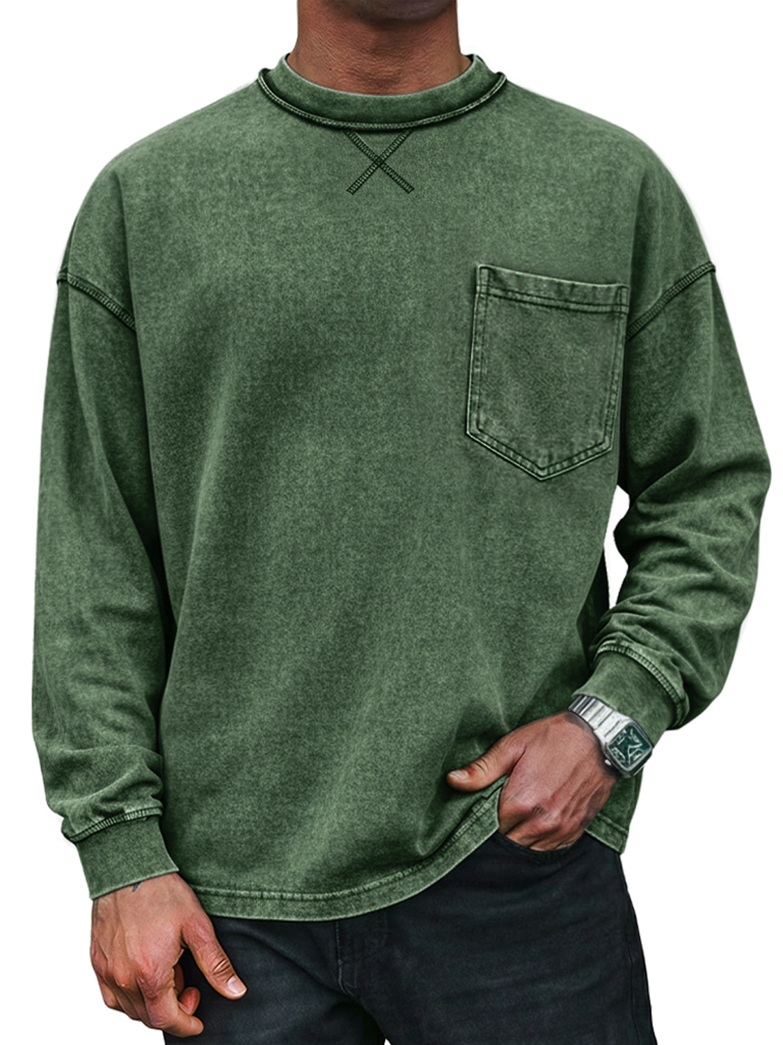 Men's Vintage Round Neck Cross-design Casual Long-sleeved T-shirt With Pockets