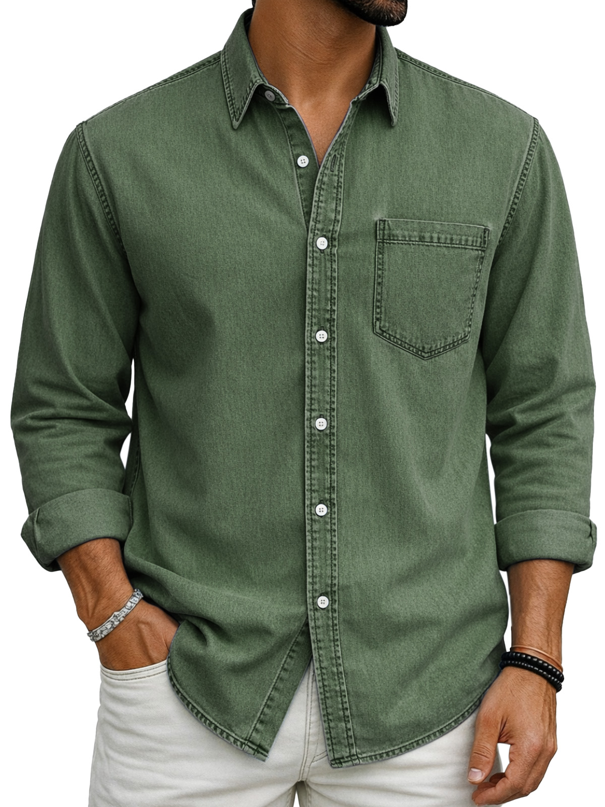 Retro Casual Simple Solid Color Long-Sleeve Polo Shirt with Chest Pocket