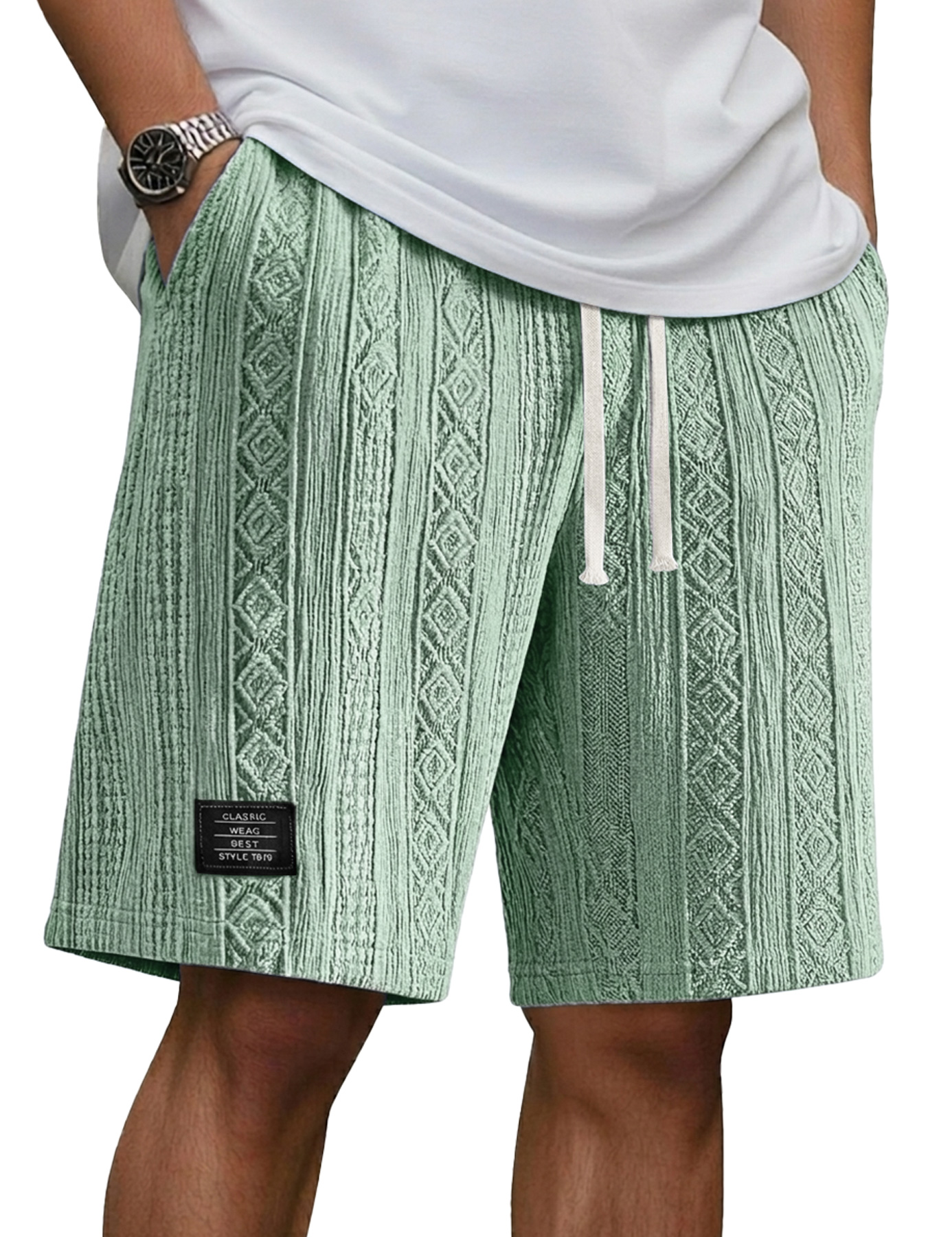 Men's Jacquard Casual Embroidered Logo Elastic Waist Solid Color Shorts