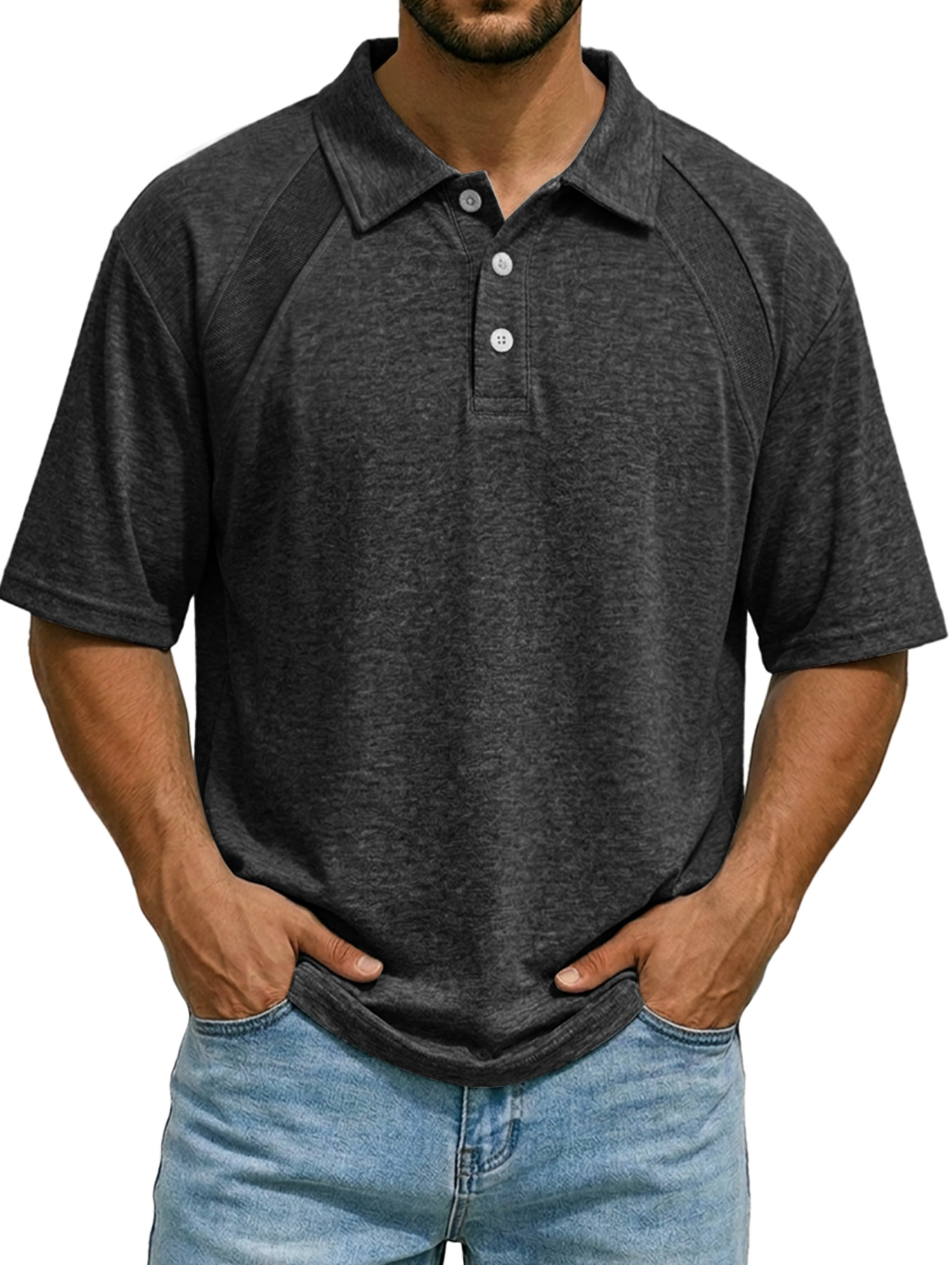 Men's Casual Raglan Polo Shirt with Turn-Down Collar and Button-Up Short Sleeve