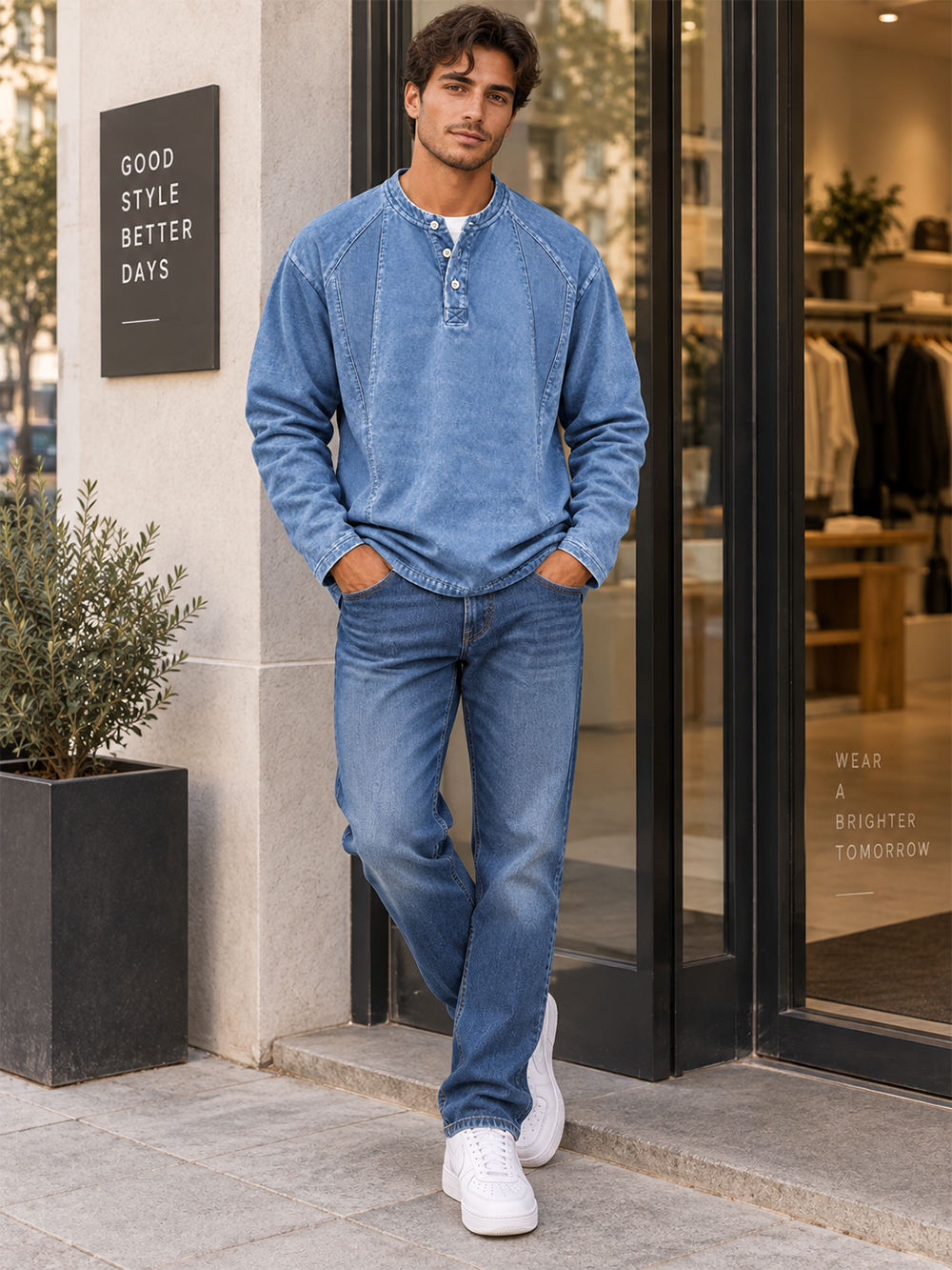 Men's Long-Sleeve Henley Shirt with Stand Collar