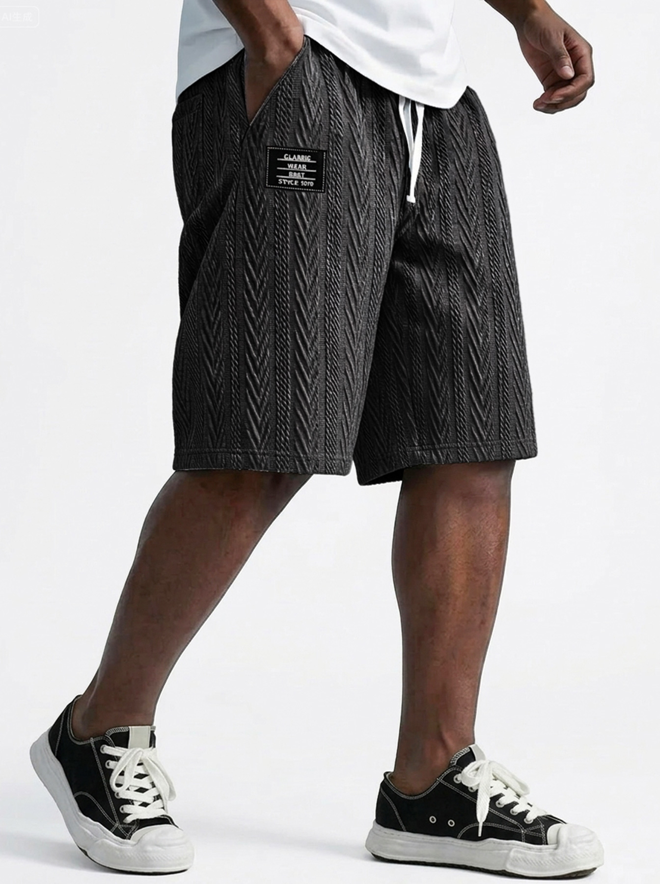 Men's Casual Textured Embroidered Logo Elastic Waist Solid Color Shorts