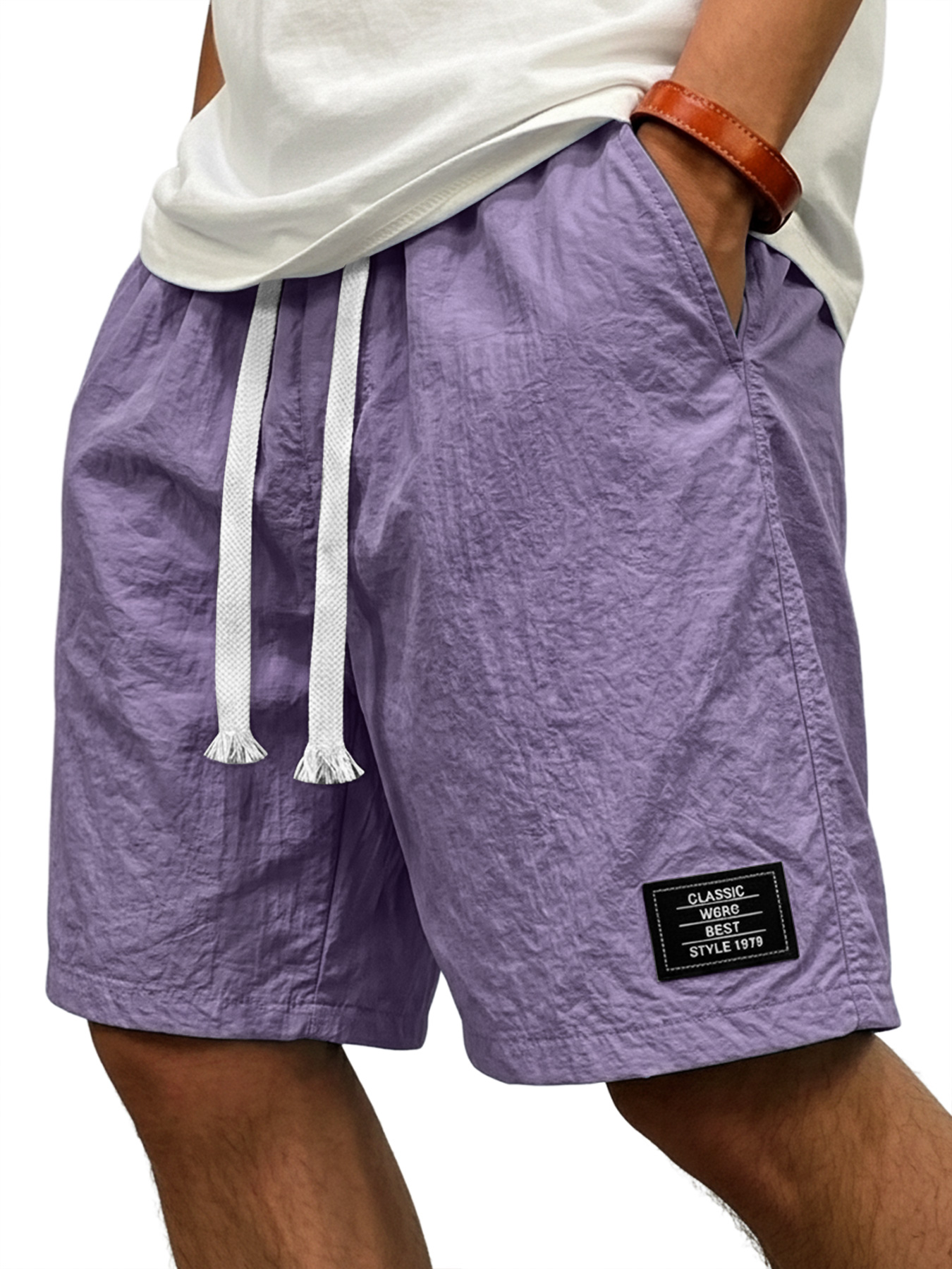 Men's Casual Ice Silk Embroidered Logo Elastic Waist Loose Shorts