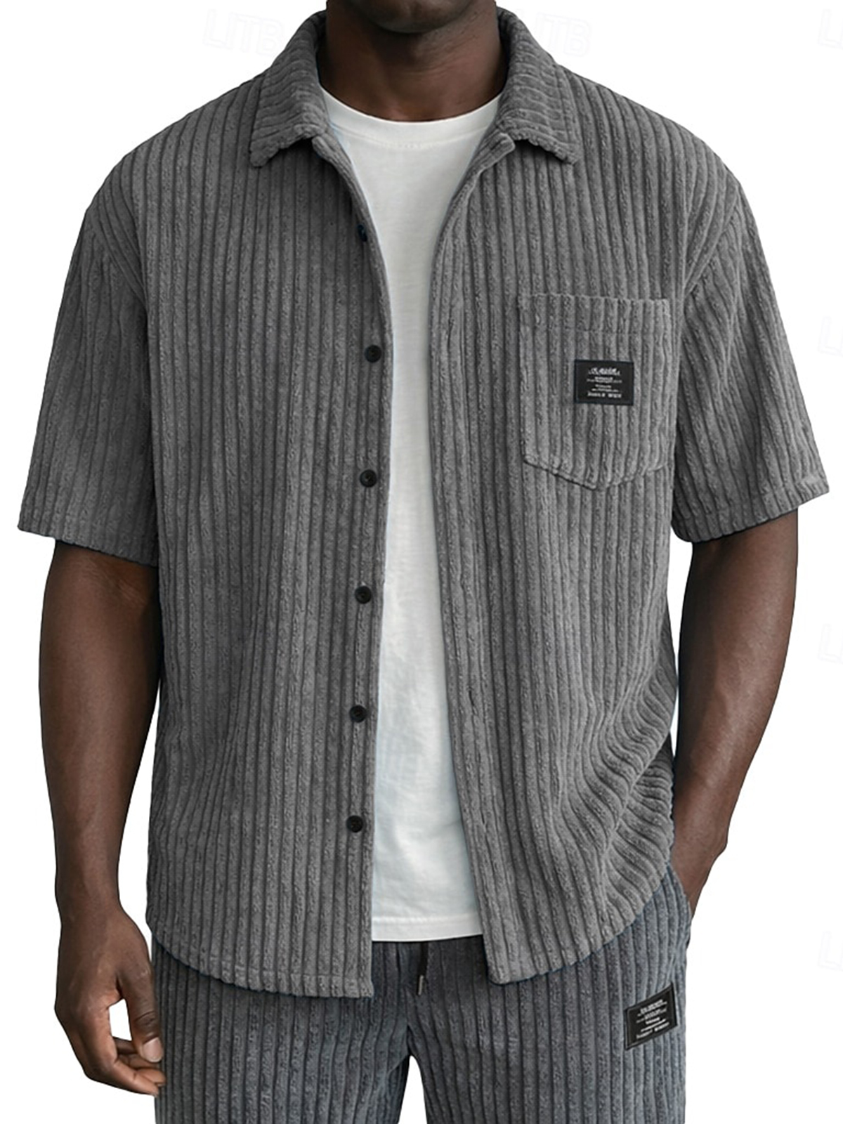 Men's Retro Casual Corduroy Pocket Logo Short-Sleeve Shirt