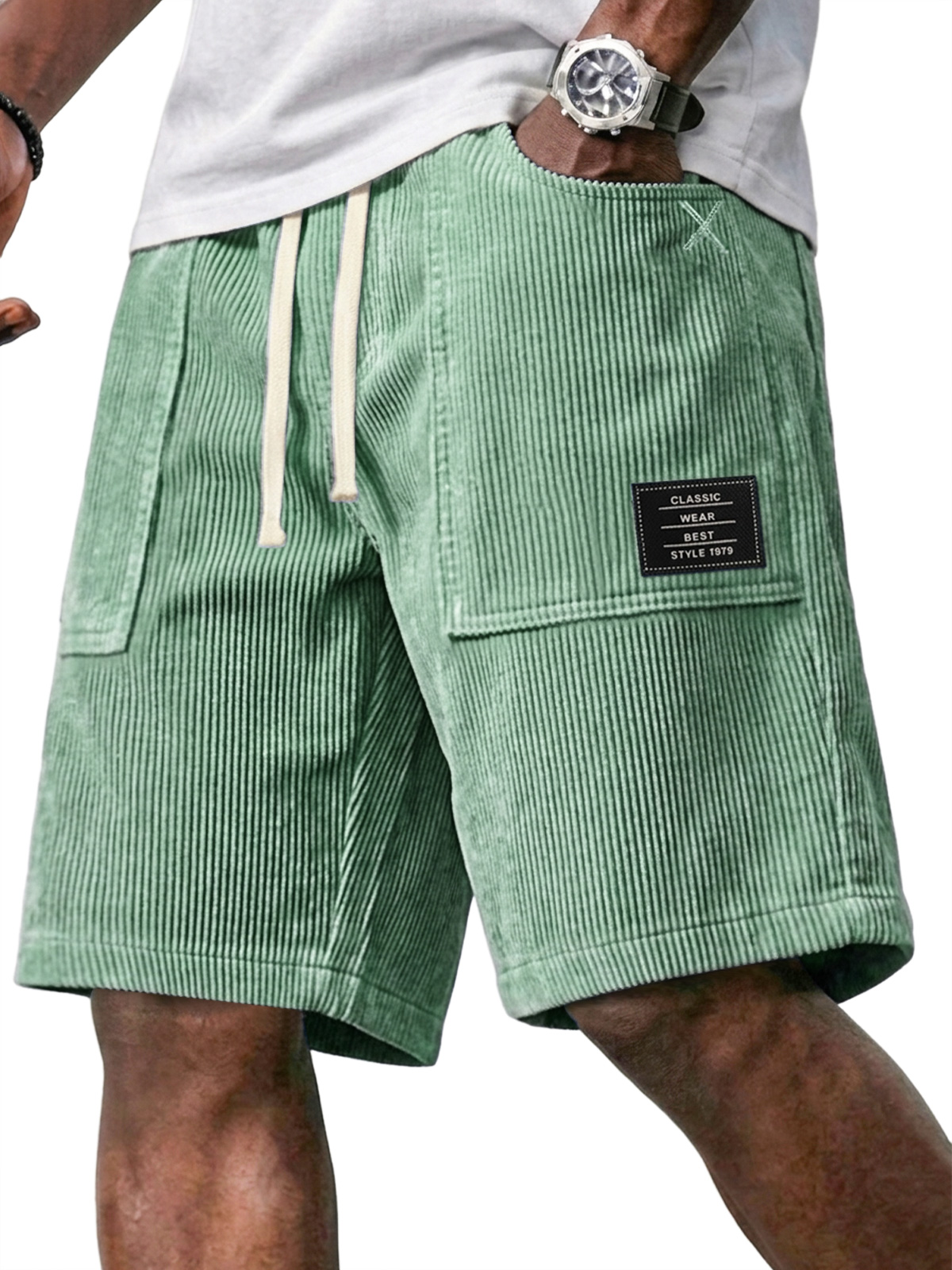 Men's Retro Corduroy Patch Pocket Embroidered Logo Elastic Waist Casual Shorts