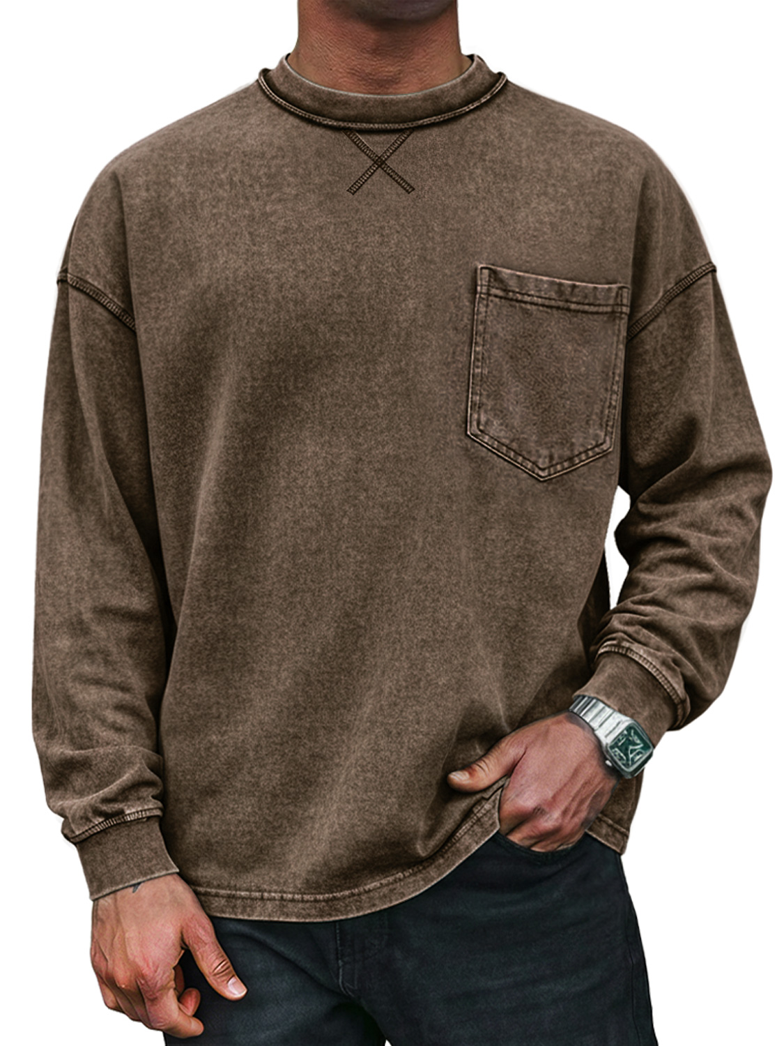 Men's Vintage Round Neck Cross-design Casual Long-sleeved T-shirt With Pockets