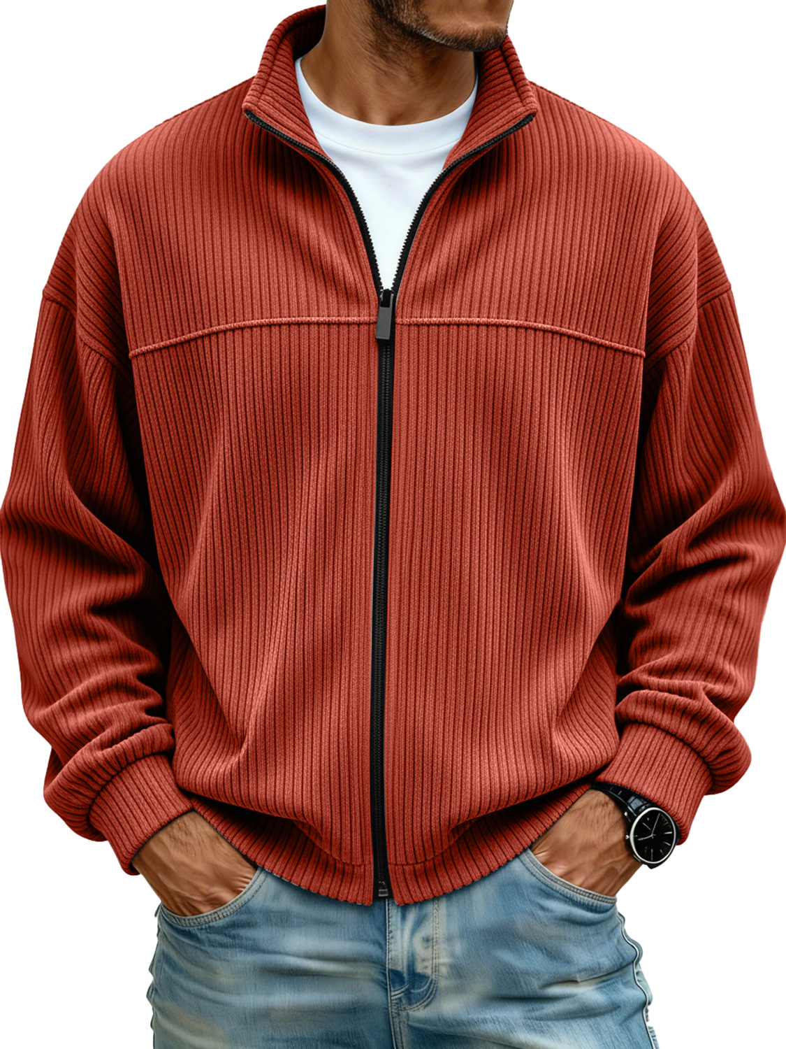 Men's Simple Stand Collar Ribbed Casual Loose-fitting Jacket