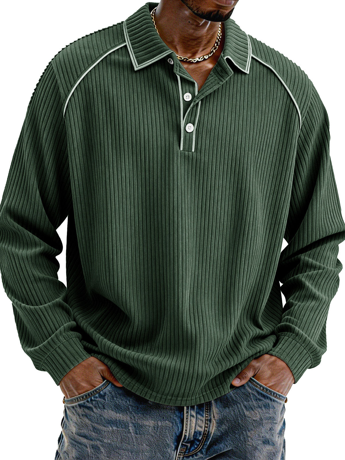 Stylish Casual Loose Corduroy Fabric Lapel Long-sleeved Polo Shirt 