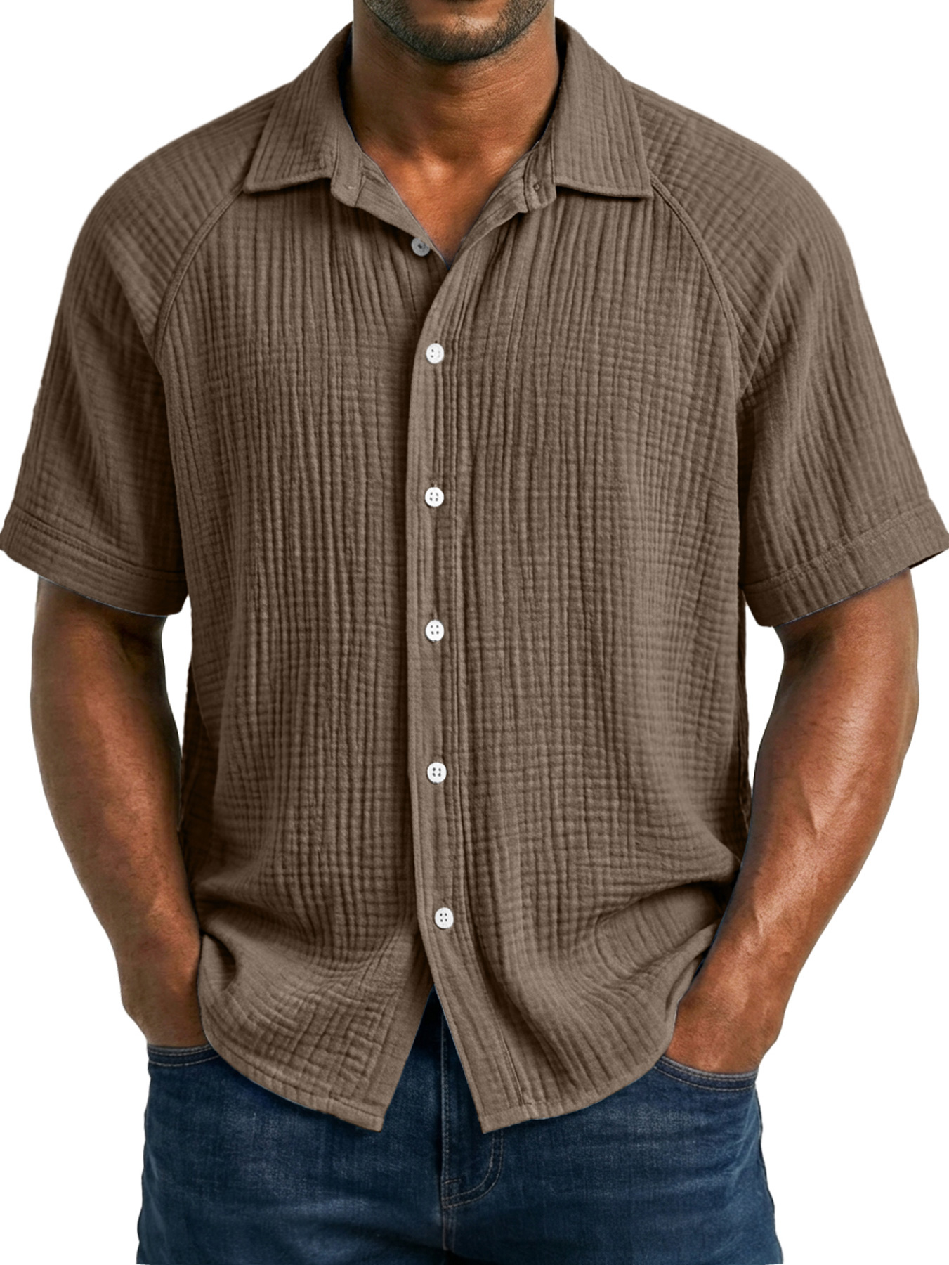 Men's Casual Raglan Solid Color Comfortable Short-Sleeve Shirt