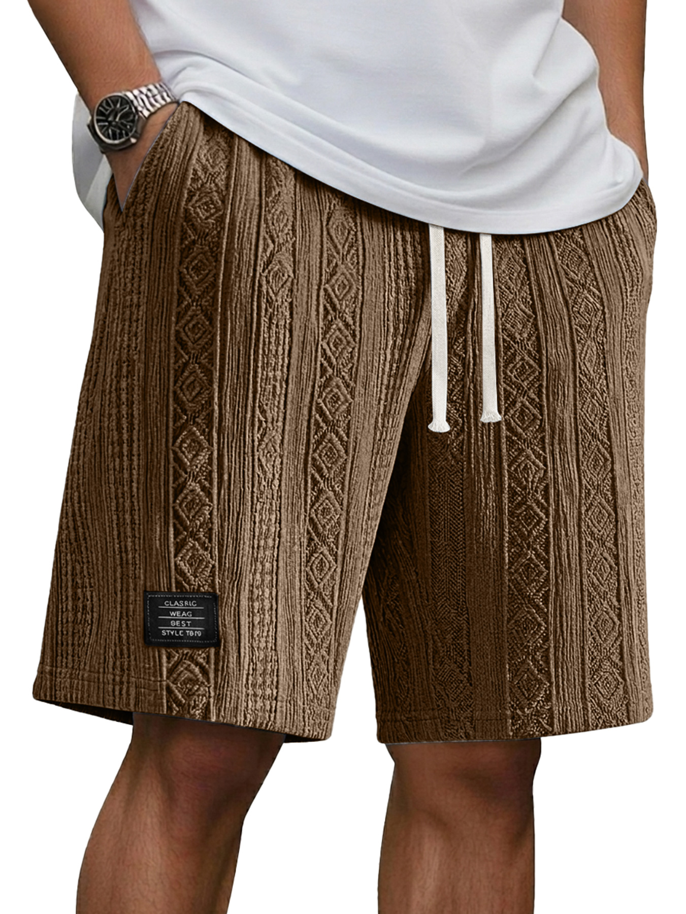 Men's Jacquard Casual Embroidered Logo Elastic Waist Solid Color Shorts